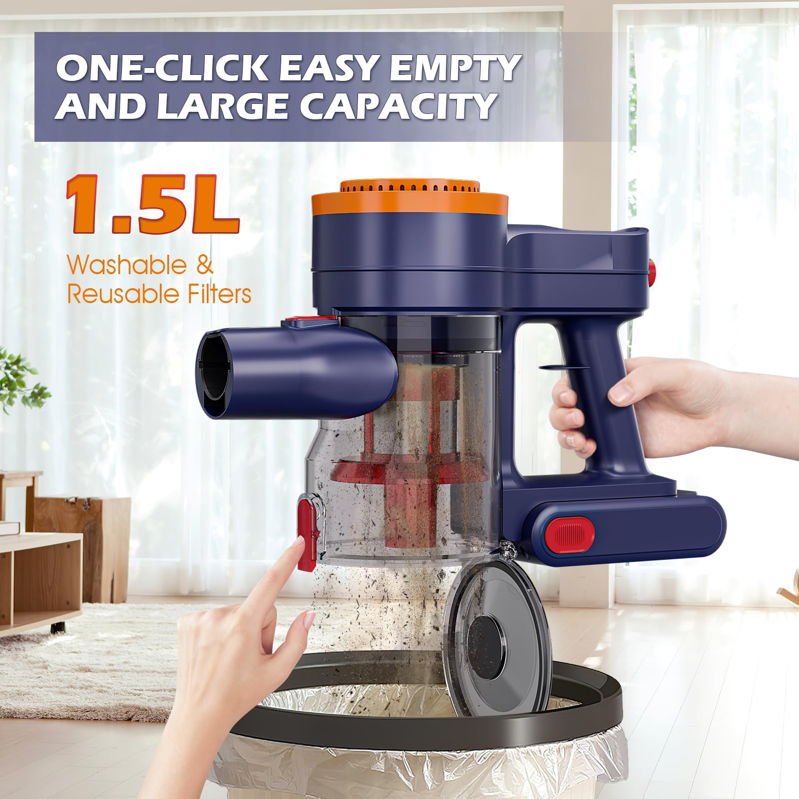 35kPa Strong Suction Cordless Vacuum Cleaner with 2200mAh Removable Battery - 6-in-1 Lightweight Handheld Stick Vacuum for Carpets, Hard Floors & Pet Hair - Anti-Tangle & Portable Design - Perfect for Home Cleaning, Car Detailing & Pet Hair Removal (Orange)