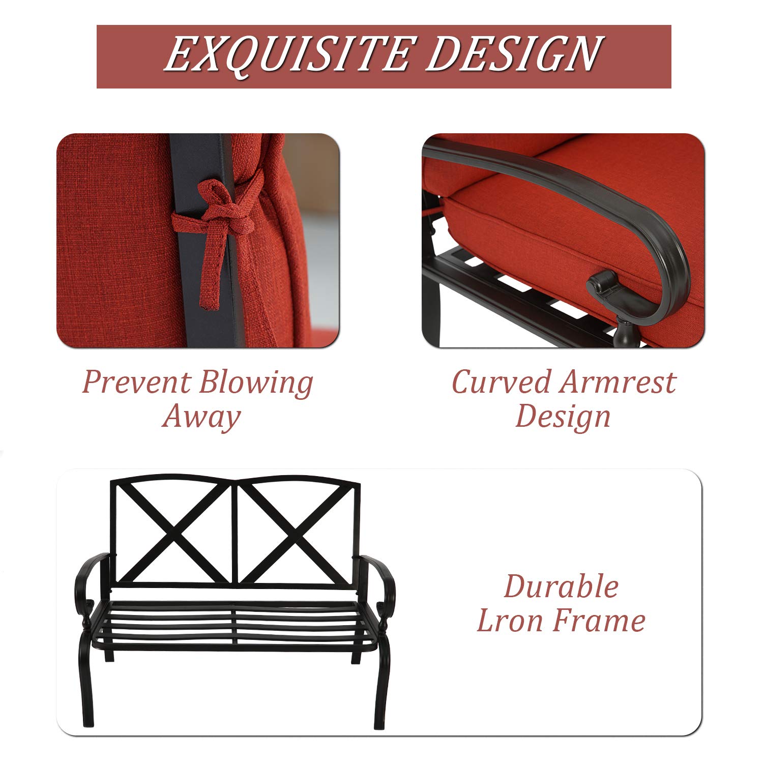 2-Piece Outdoor Patio Loveseat Set with Coffee Table - Wrought Iron Garden Bench with Red Cushion for Backyard, Porch, Balcony | Perfect for Relaxing, Entertaining & Outdoor Dining