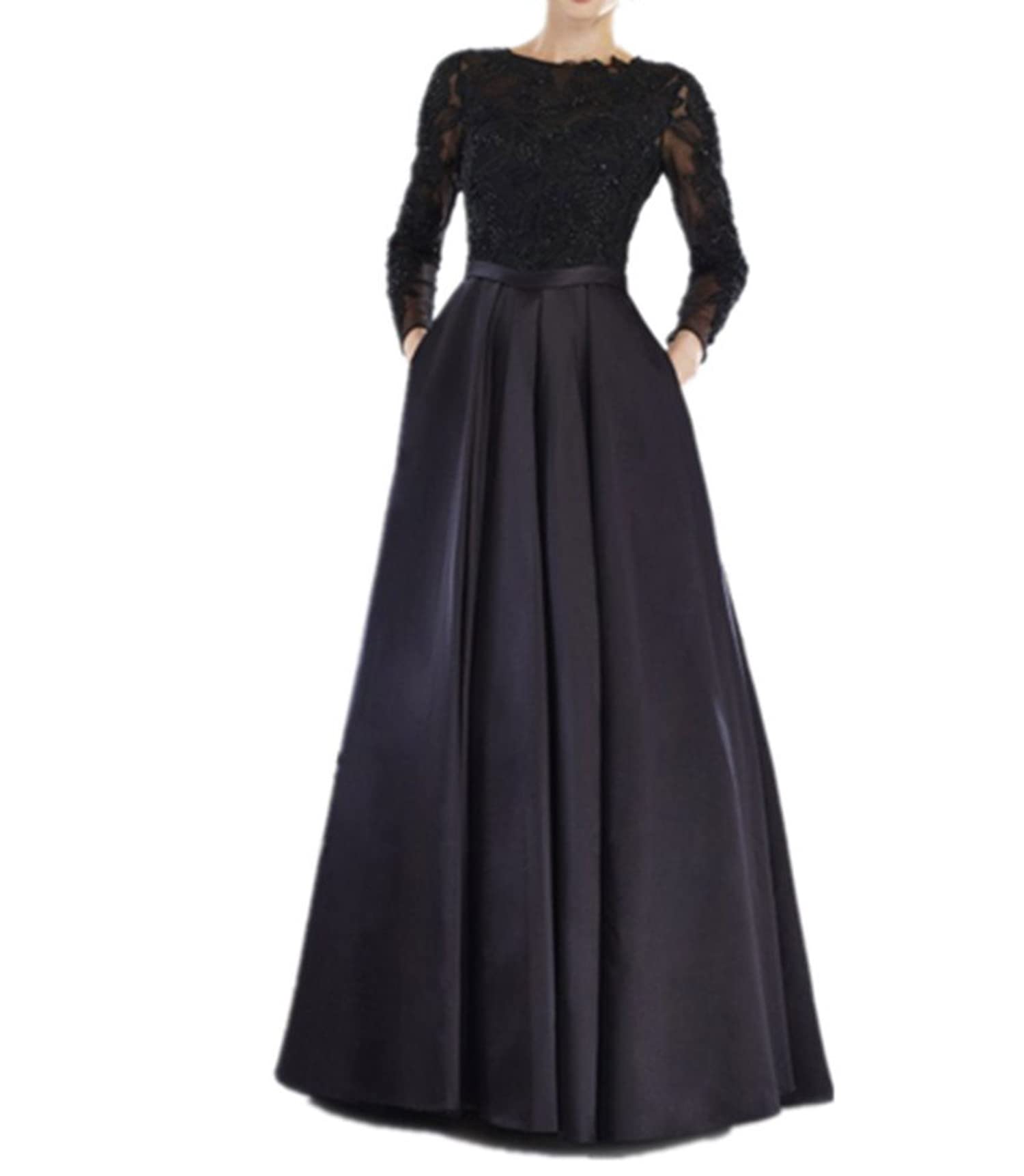 Elegant Black Lace Long Sleeve Round Neck Evening Dress for Women - Perfect for Formal Events, Parties & Special Occasions