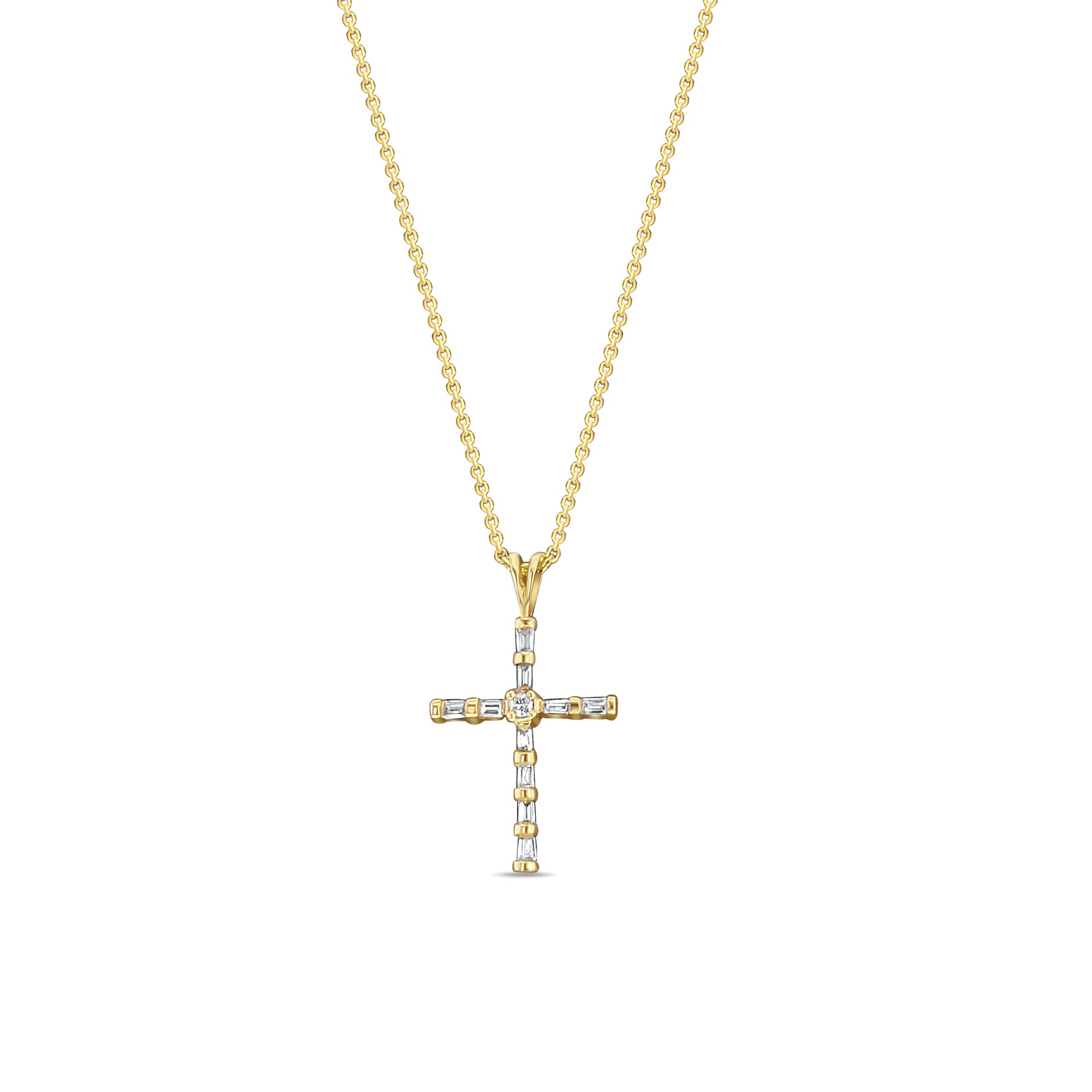 1/4 CT Dainty Baguette Diamond Cross Necklace - Elegant 14K Gold Pendant for Women, Perfect Gift for Baptism, First Communion & Everyday Wear