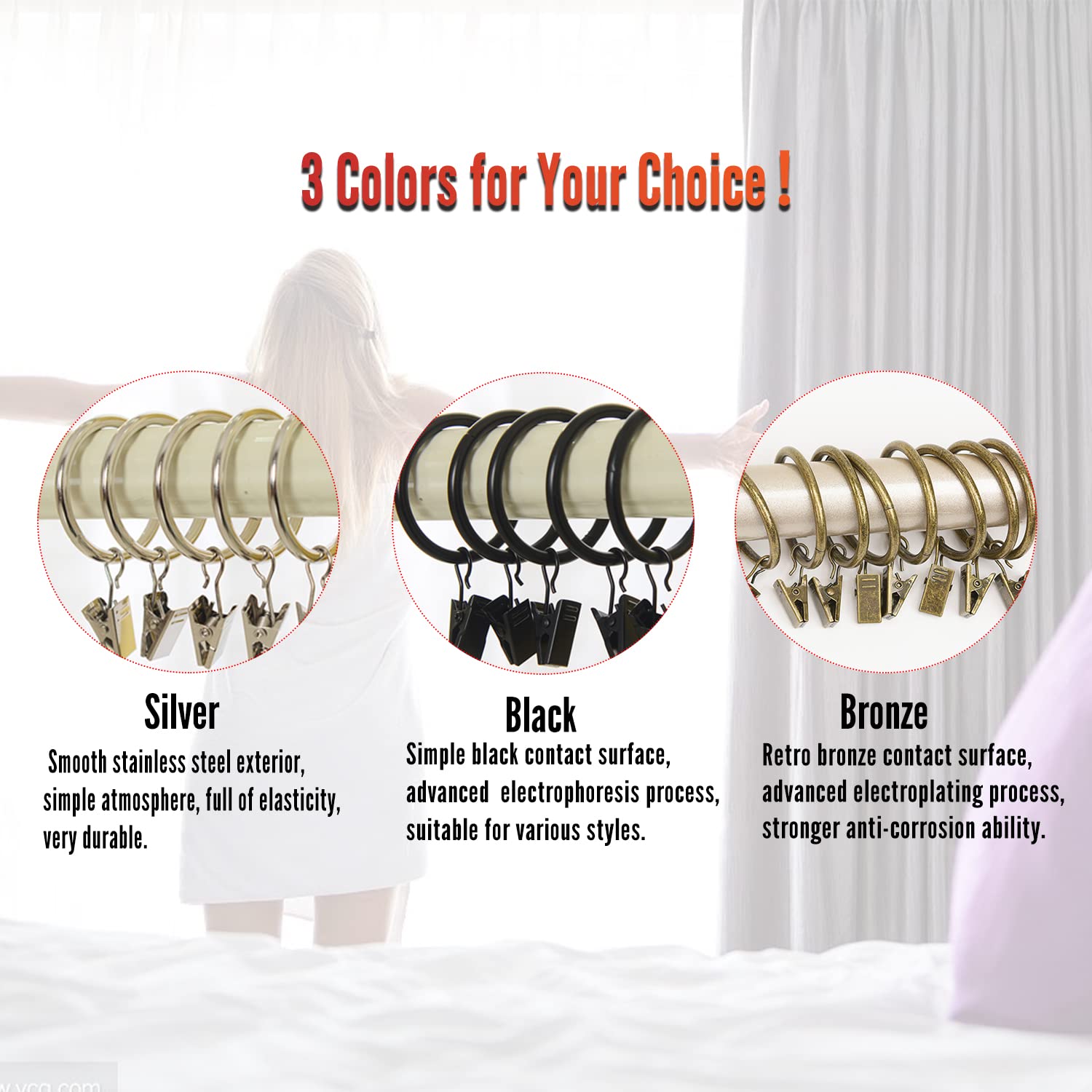 MroMax 16Pcs Metal Curtain Rings with Clips - 1 Inch Silver Drapery Hooks for Window Curtain Rods | Decorative Iron Rings for Drapes, Sheers & Valances | Perfect for Living Room, Bedroom & Home Decor