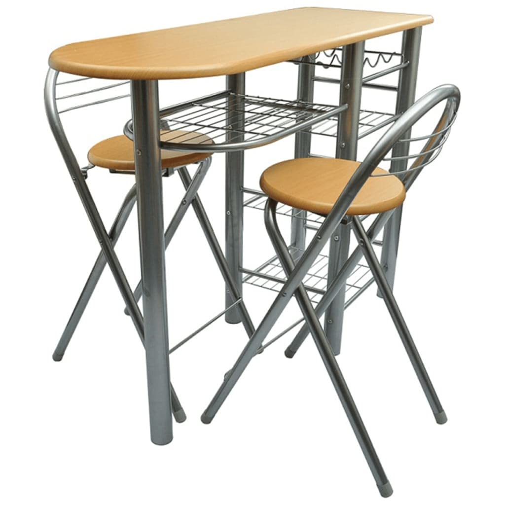 SKM Wooden Kitchen Island with Breakfast Bar, Table and Chairs Set - Perfect for Small Space Dining, Kitchen Workstation & Home Office Use