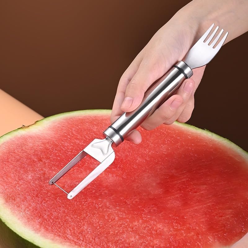2Pcs 2024 New Stainless Steel Watermelon Cutter & Slicer - 2-in-1 Dual Head Fruit Knife & Fork for Watermelon, Melon, Pineapple - Summer BBQ, Picnic, Party Essential Kitchen Tool (Silver)