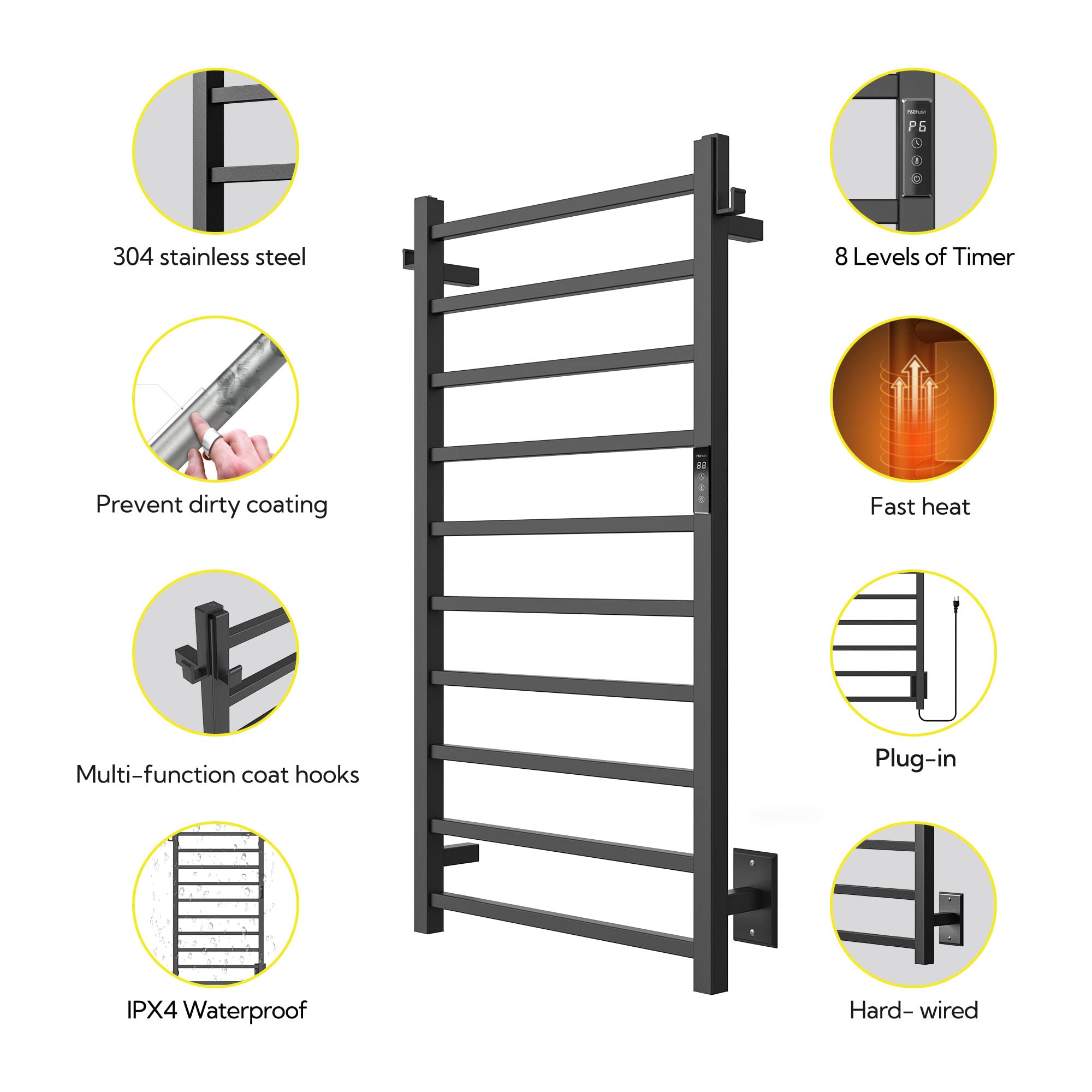 P&Bhusri 10-Bar Heated Towel Rack - Wall Mounted Electric Towel Warmer for Bathroom with Timer, Stainless Steel Matte Black (Plug-in/Hard-Wired) - Perfect for Spa, Luxury Hotels & Cozy Home Bathrooms