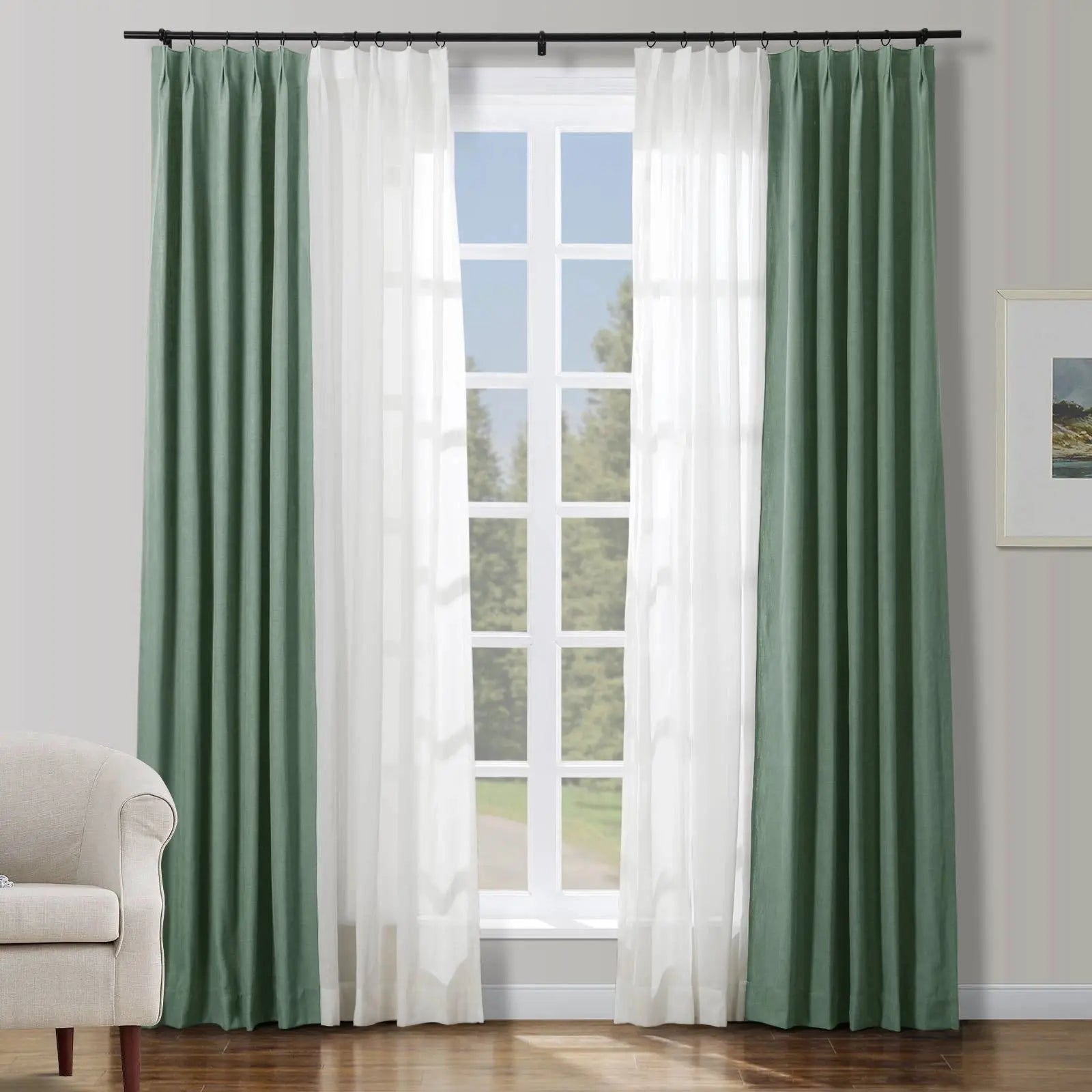 Half Linen Half Sheer Pleated Curtain Panels (Set of 2) - Elegant Window Drapes for Living Room, Bedroom & Dining Room Decor
