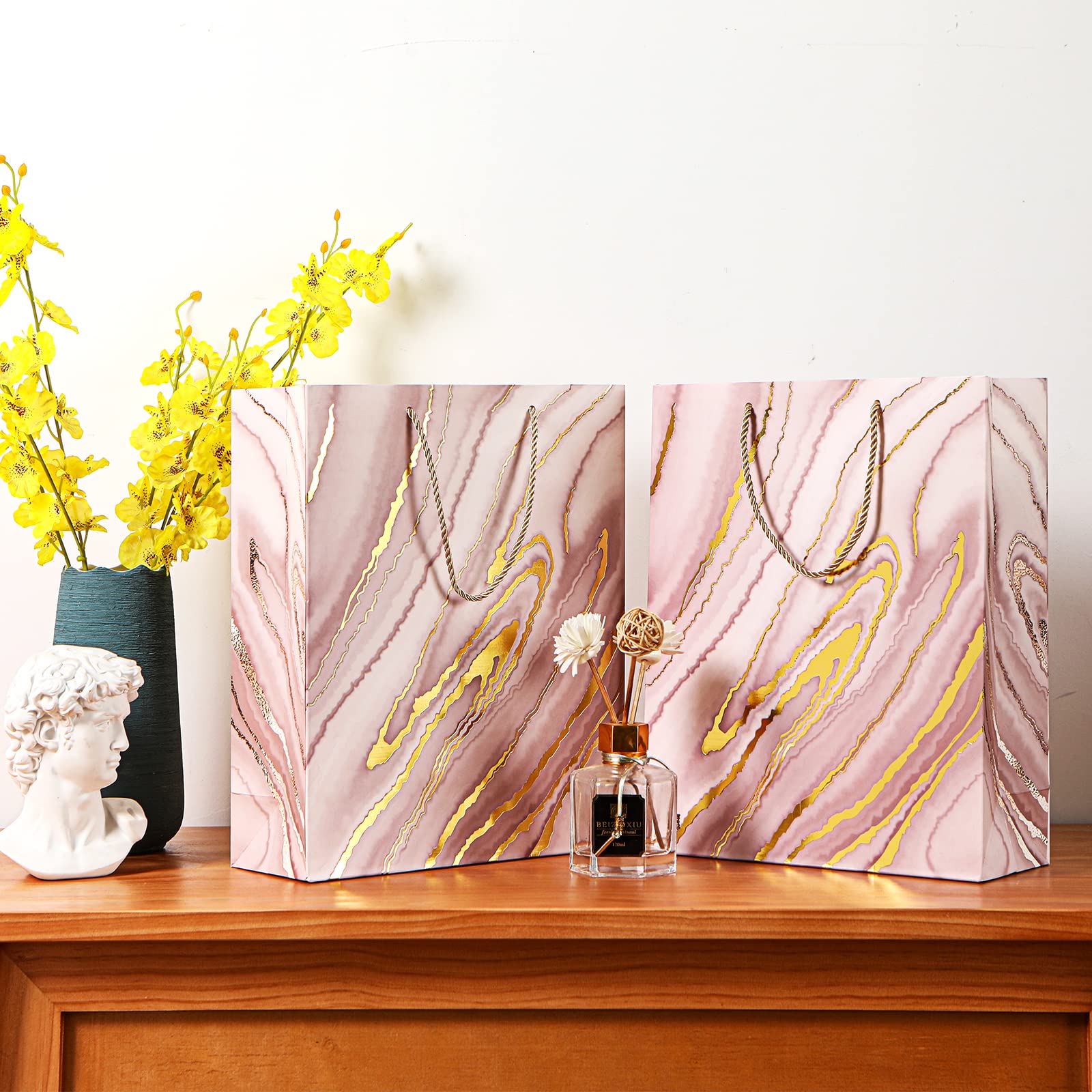 8 Pack Pink Marble Gift Bags 12.6x10.2x3.9 Inch Medium Size Party Favor Bags for Christmas, Valentine's Day, Baby Shower, Birthday, Wedding, Mother's Day - Perfect for Gift Wrapping, Party Decorations & Special Occasions