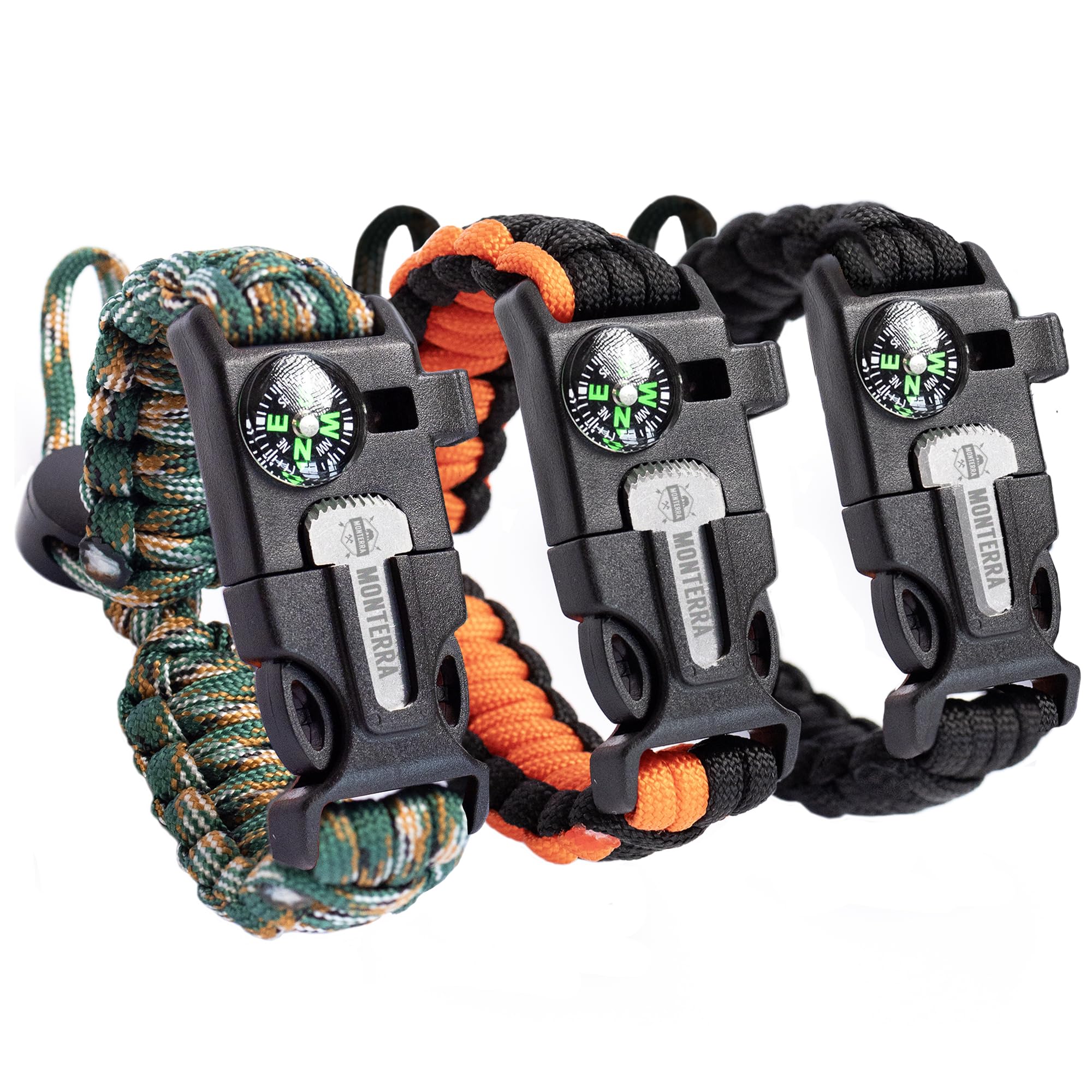 3 Pack Paracord Survival Bracelet with Firestarter, Compass & Whistle - Adjustable Emergency Gear for Camping, Hiking, Trekking, Fishing & Hunting - Perfect for Outdoor Adventures and Survival Situations