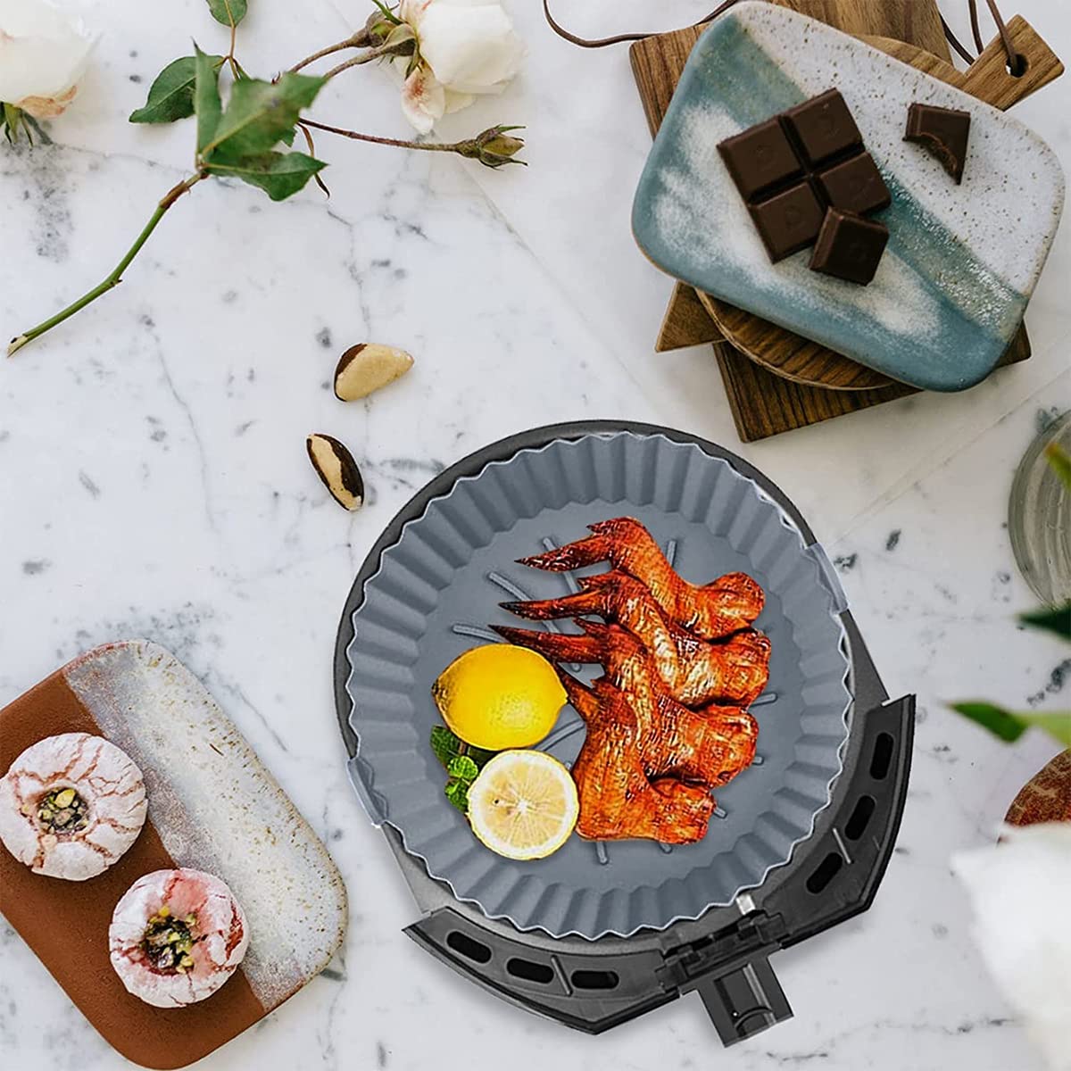 2Pcs Reusable Air Fryer Silicone Basket - BPA-Free, Heat Resistant Round Silicone Baking Pan - Perfect Air Fryer Accessories & Oven/Microwave Safe - Great for Healthy Cooking, Meal Prep & Family Dinners