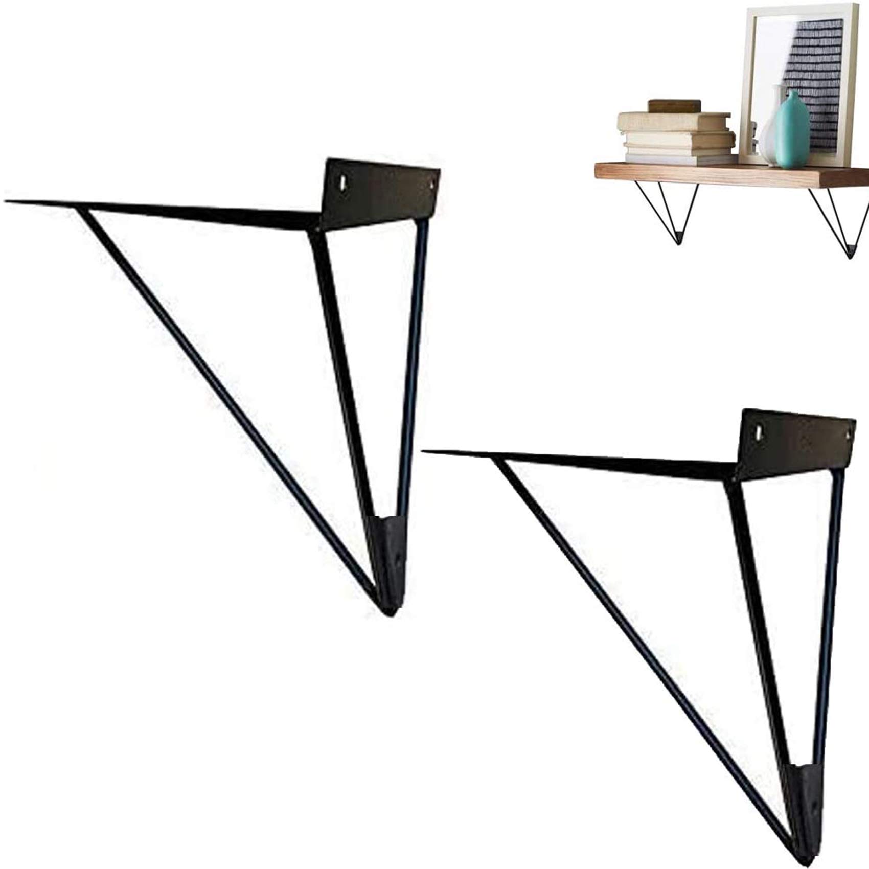 2 Pack Black Hairpin Shelf Brackets - Heavy Duty Prism Floating Shelf Brackets, Triangle Shelving Support for Wall Mounted Corner Brace - 10cm Industrial Metal Brackets for Home, Office & Retail Display