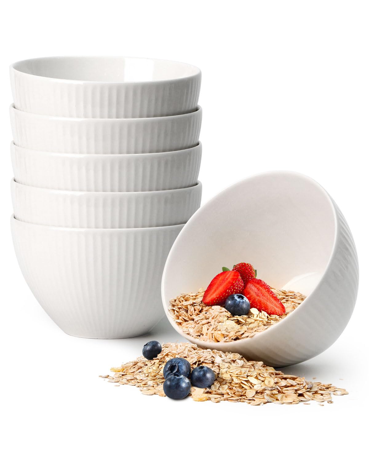 Nutriups 6-Pack 25oz Ceramic Soup & Cereal Bowls - 5.5 Inch Deep Oatmeal, Chili & Salad Bowls - Oven & Microwave Safe White Dinnerware Set - Perfect for Breakfast, Family Meals & Entertaining