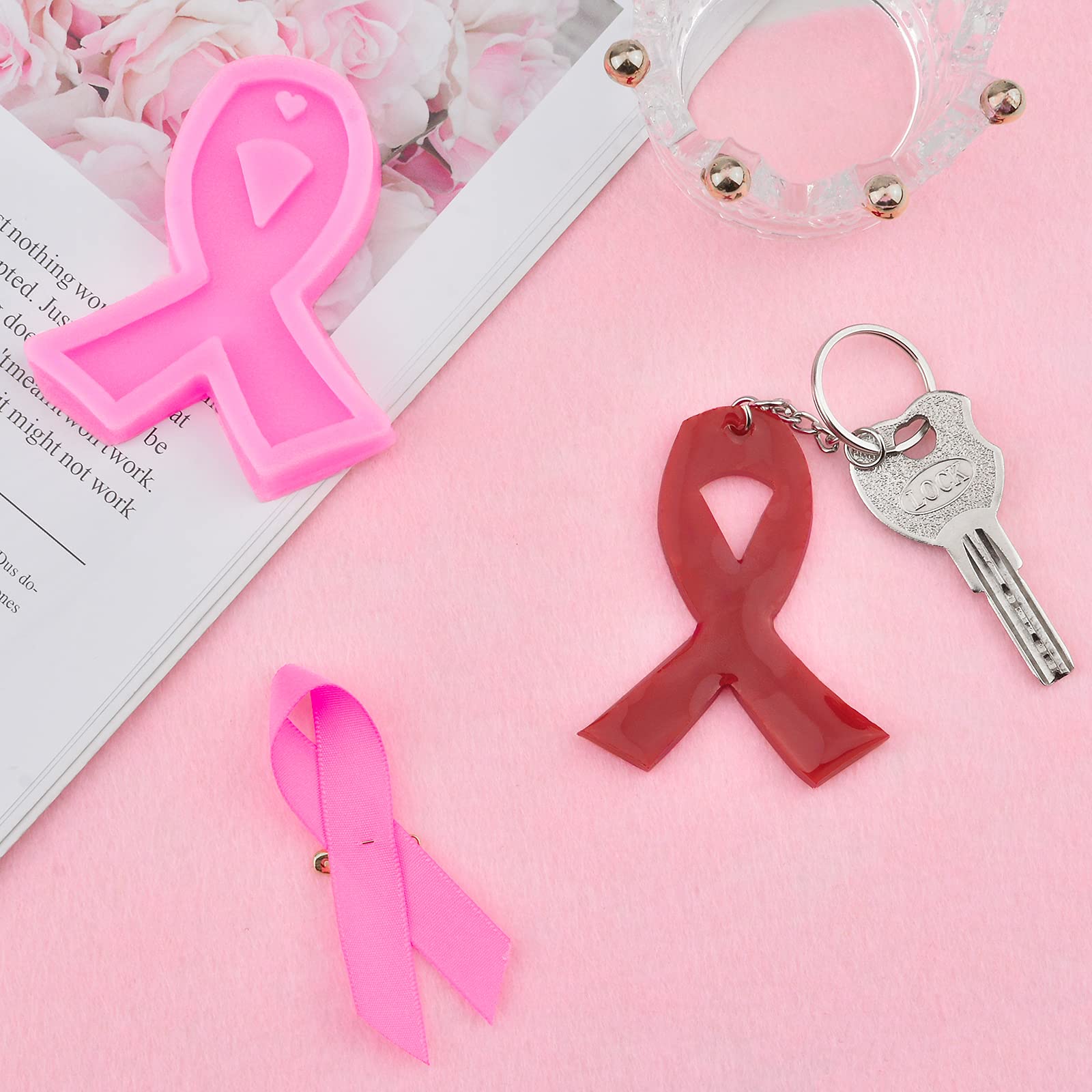 WANDIC Breast Cancer Awareness Ribbon Mold Set - 2 Pink Ribbon Keychain Molds with 30 Key Rings for DIY Jewelry Making, Clay Crafts | Perfect for Charity Events, Fundraisers & Awareness Activities