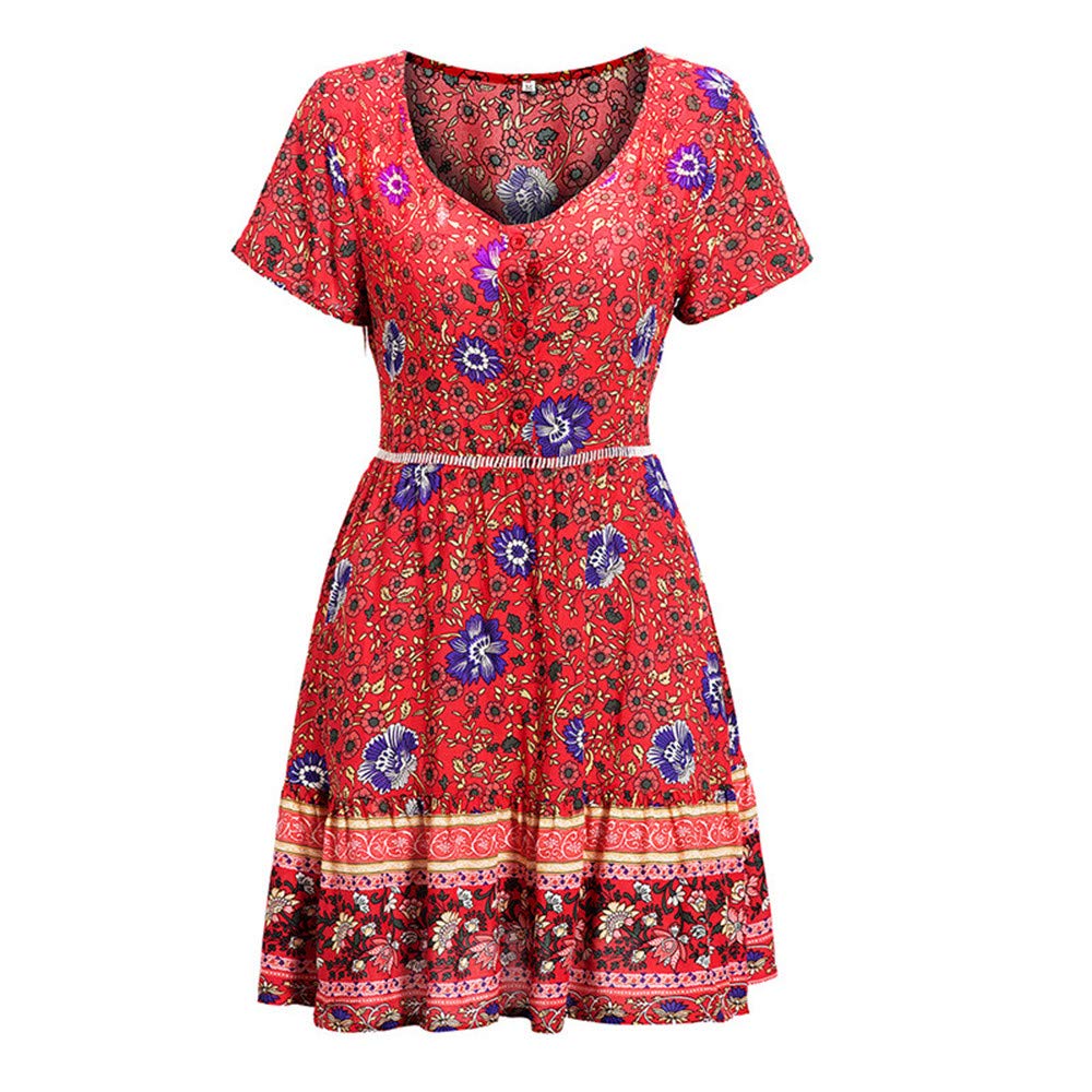 Elegant Floral Print Summer Dress for Women - Stretchy Elastic Waist Knee-Length Flowy Dress | Perfect for Beach Vacations, Garden Parties & Casual Outings