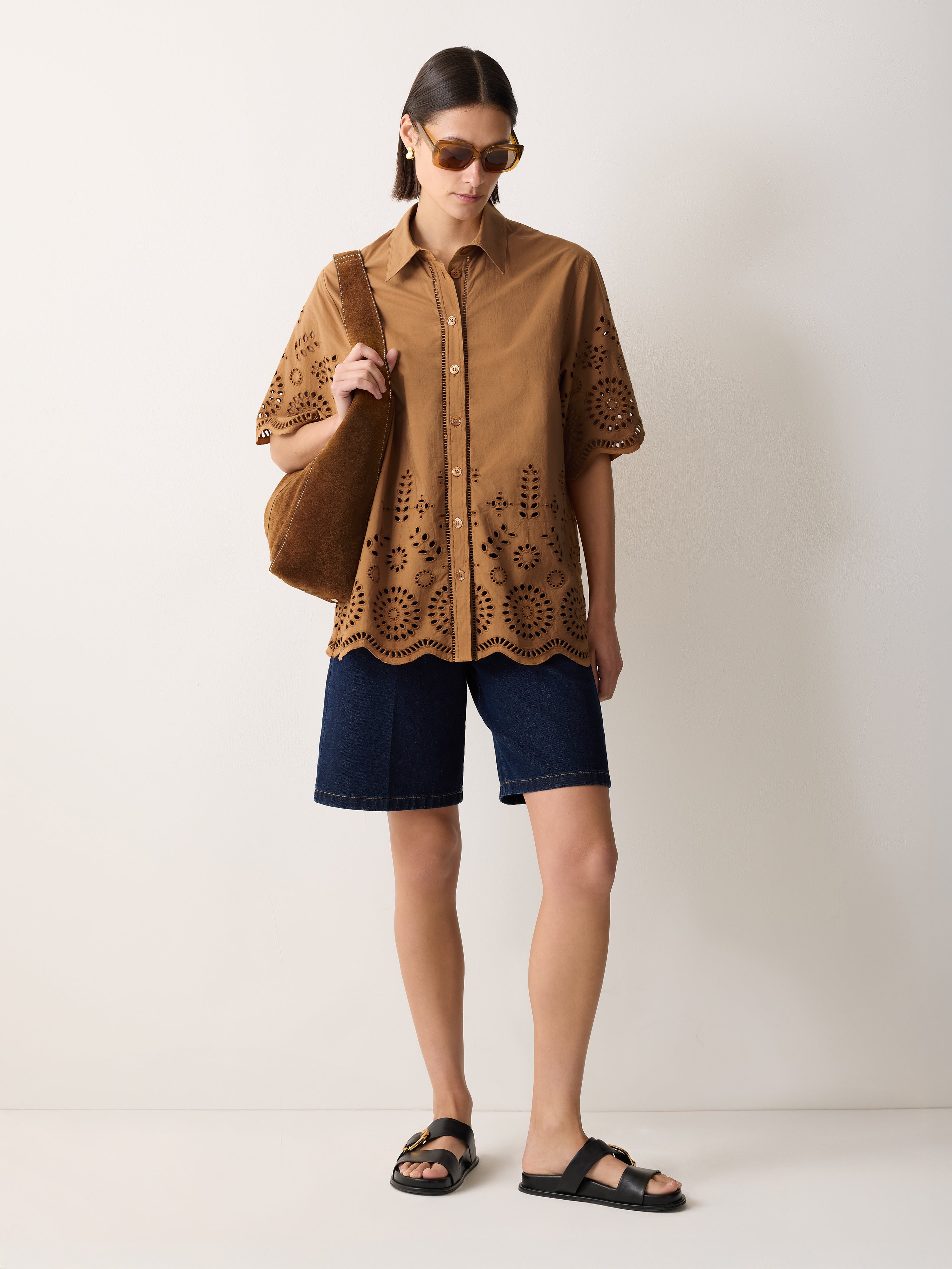 Elegant Broderie Embroidered Shirt for Women in Camel Color - Perfect for Casual Outings, Office Wear & Summer Fashion