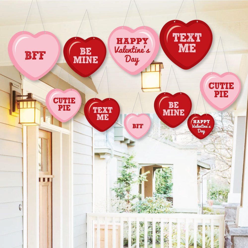 Big Dot of Happiness Hanging Conversation Hearts Decor - Valentine's Day Party Supplies - 10-Piece Outdoor Hanging Decorations for Home, Garden & Events - Perfect for Valentine's, Weddings & Romantic Celebrations