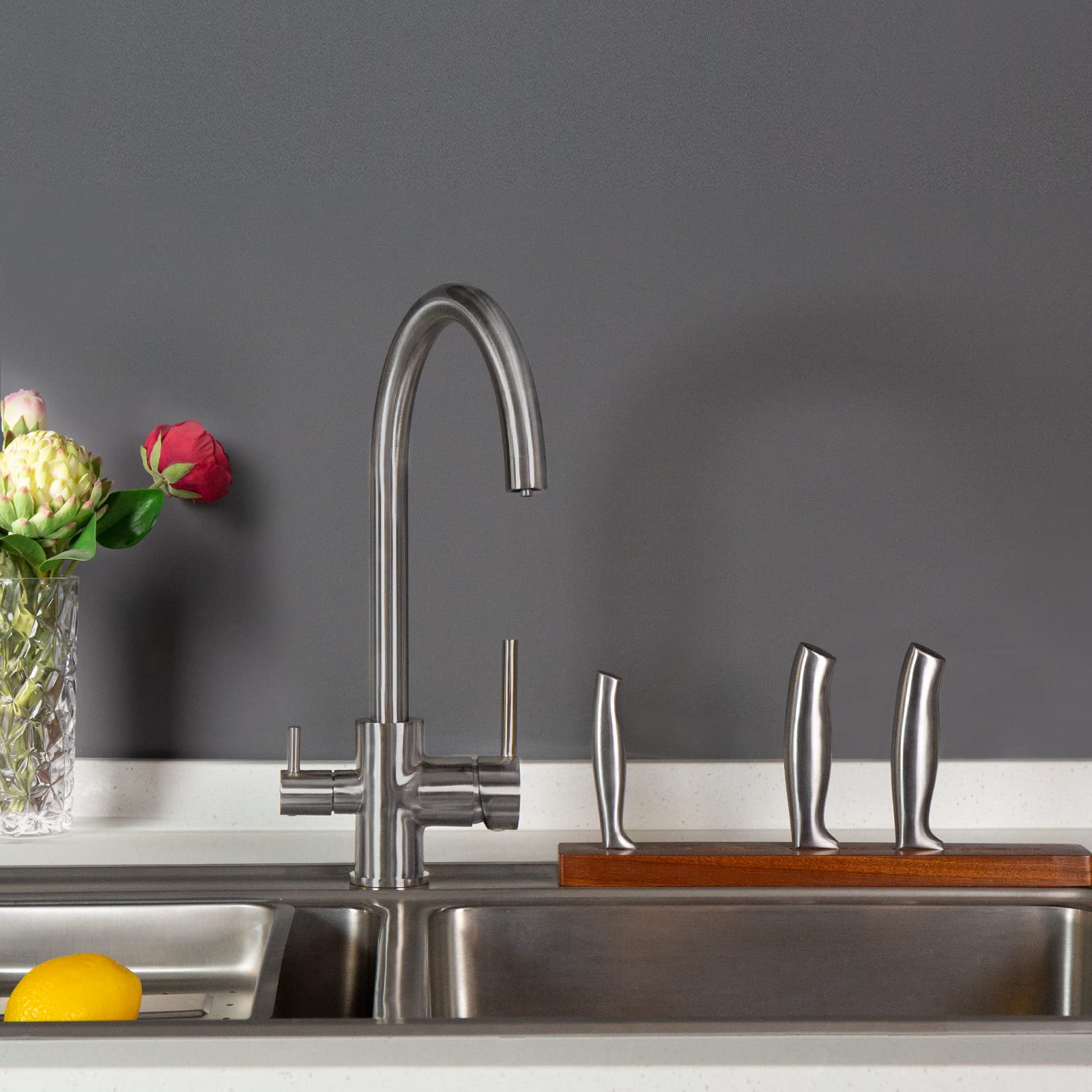 3-Way Brushed Nickel Kitchen Faucet Water Filter - High Efficiency Purification System for Clean Drinking & Cooking Water | Perfect for Home, RV, and Office Use