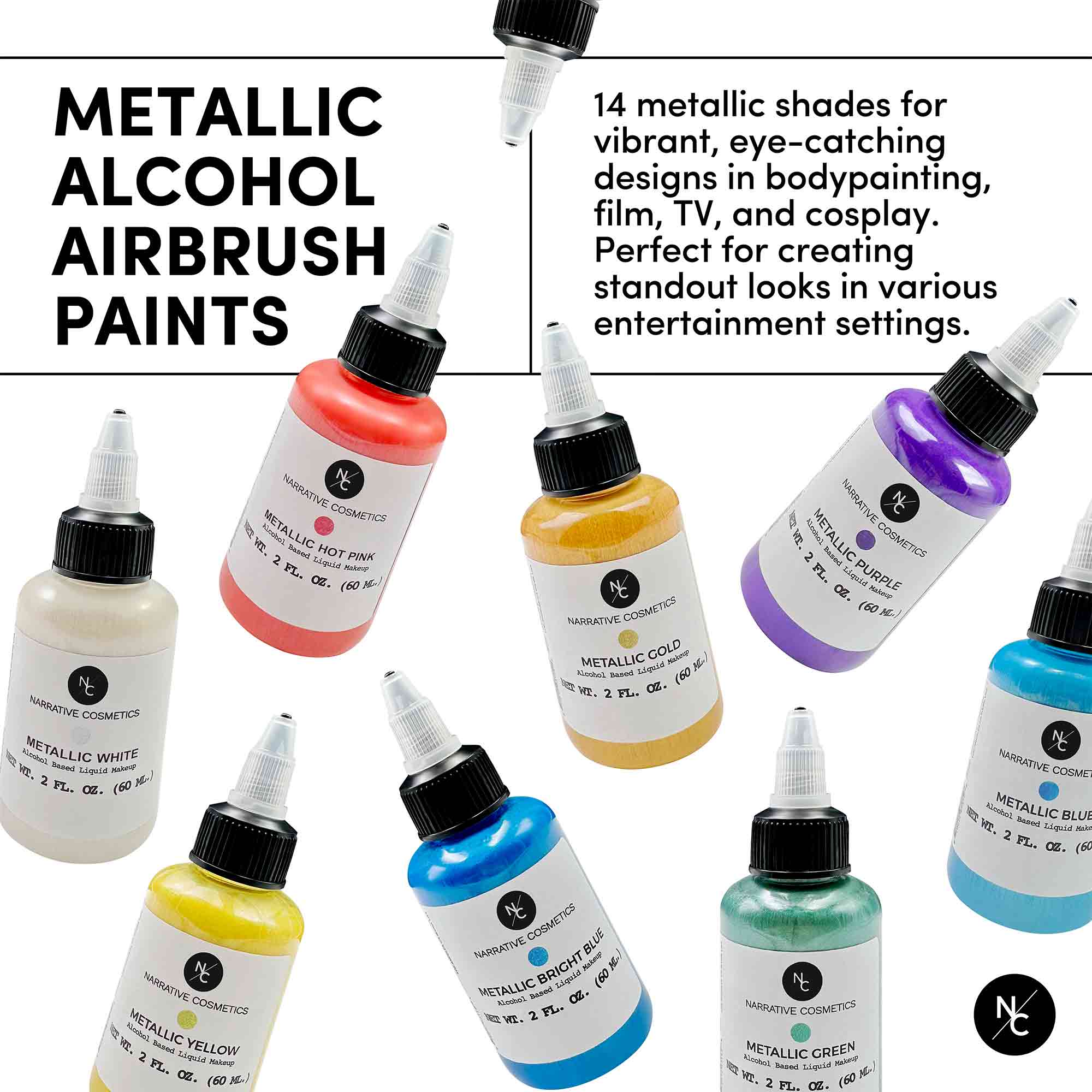 Premium Metallic Alcohol Airbrush Paints - 2 fl oz (60ml) for Custom Automotive, Motorcycle & Model Painting - High Pigment, Fast Drying Airbrush Colors for Artists & Hobbyists