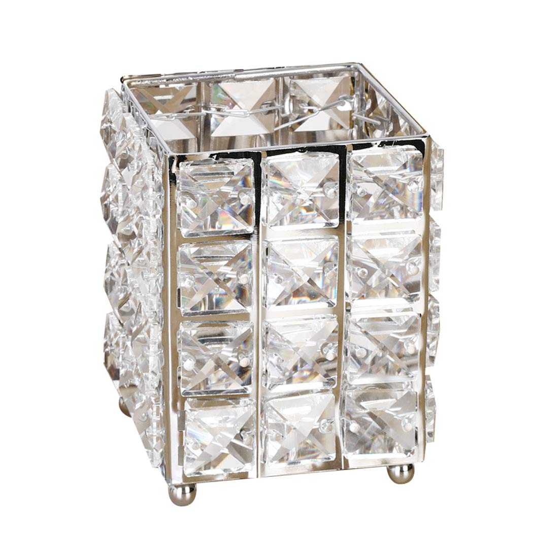 Premium Handcrafted Crystal Makeup Brush Holder & Pen Organizer - Square Silver Cosmetic Storage for Vanity, Bathroom, Office Desk | Perfect for Eyebrow Pencils, Lipsticks & Beauty Tools | Elegant Desk Decor & Gift Idea
