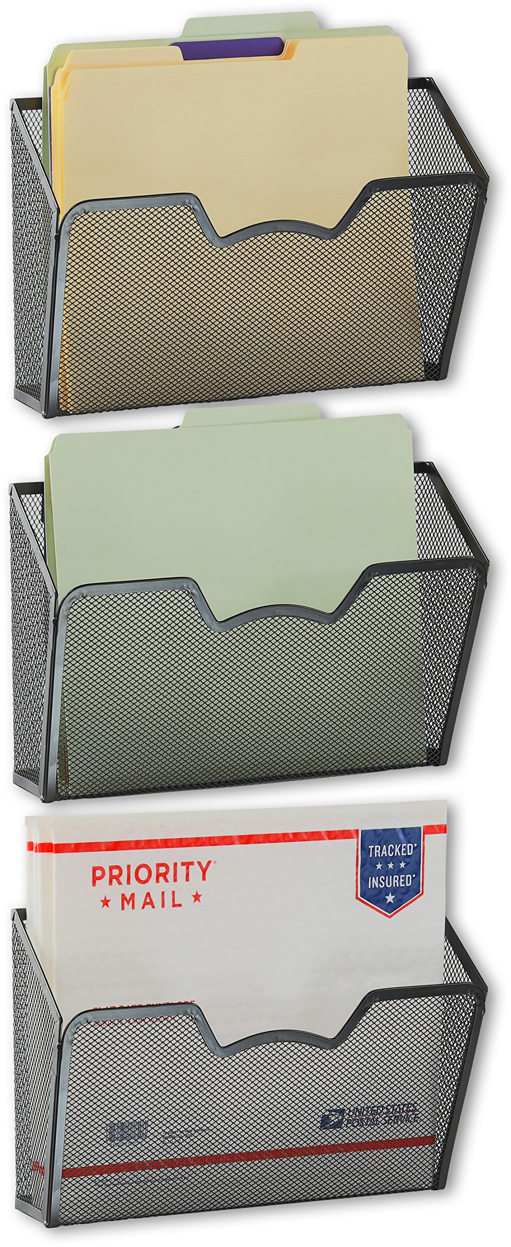 Wall Mount File Organizer - 3 Pack Black Single Pocket Document Holder for Home & Office Organization | Perfect for Bills, Mail, and Important Papers