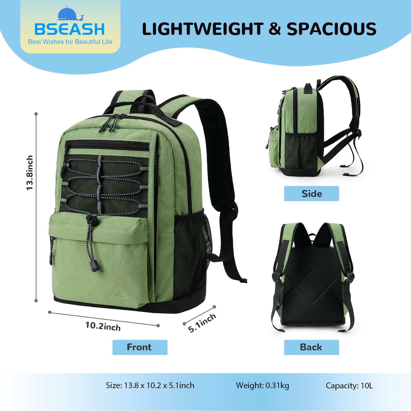 10L Small Lightweight Kids Backpack for Boys & Girls Ages 3-9 - Waterproof Mini Daypack for School, Travel, Hiking & Outdoor Activities - Army Green