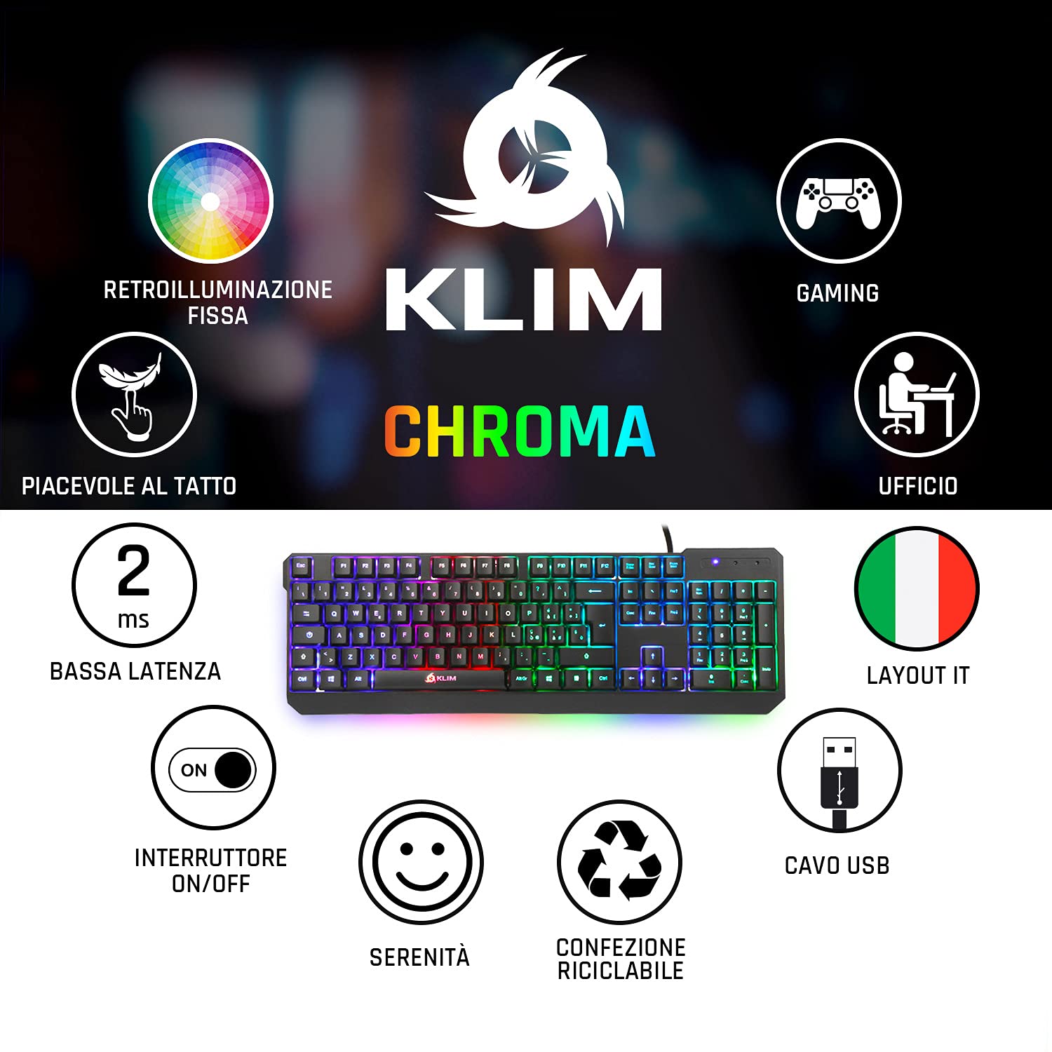 KLIM Chroma Italian USB Gaming Keyboard - RGB Backlit Mechanical Keyboard for PC, PS4, PS5, Windows & Mac - Black | Perfect for Gaming, Streaming & Office Work