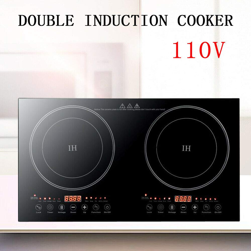 Black Crystal Panel Induction Cooker 110V - Double Burner Electric Hot Plate Stove, 1200W Countertop Cooktop with 8 Power Levels - Perfect for Griddle, Pan, Wok & Home Kitchen Cooking