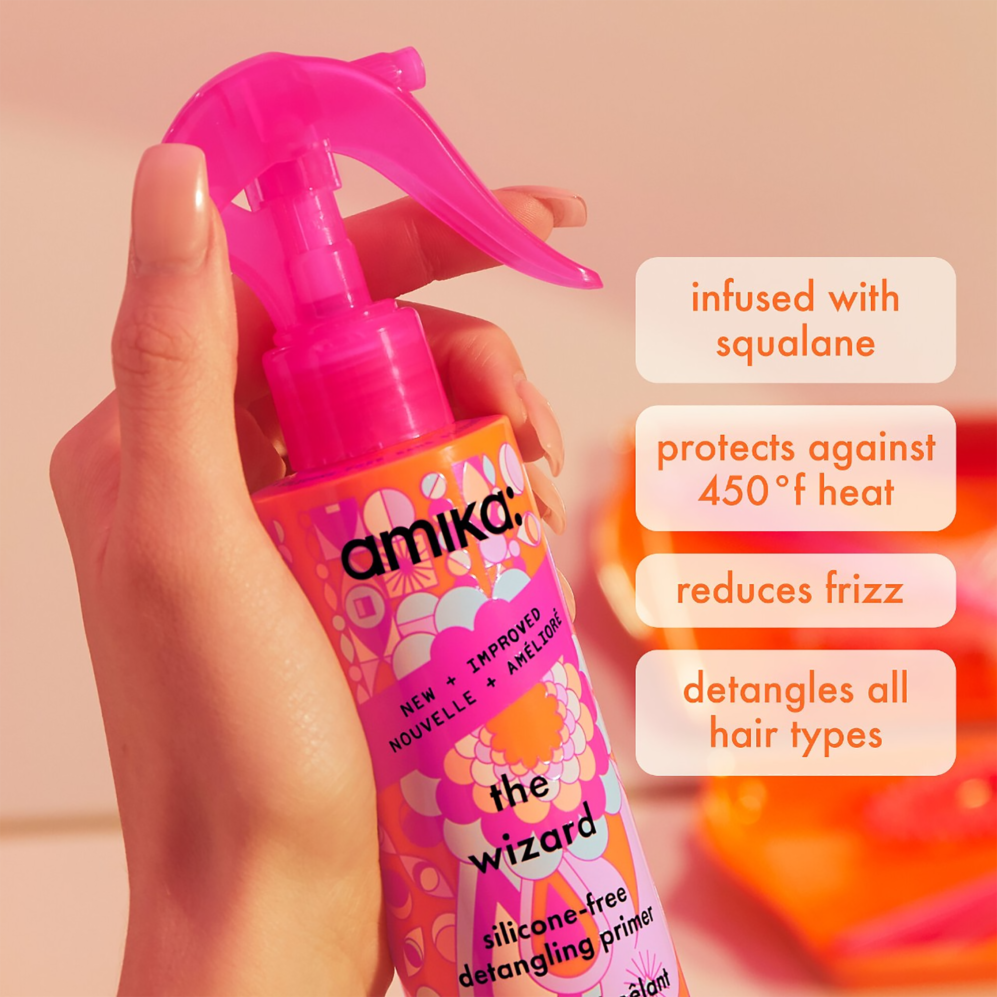 Amika The Wizard Silicone-Free Detangling Hair Primer Spray - Leave-In Conditioner for Frizz Control & Smoothing - Perfect for Dry, Damaged & Curly Hair - Salon Quality Styling at Home