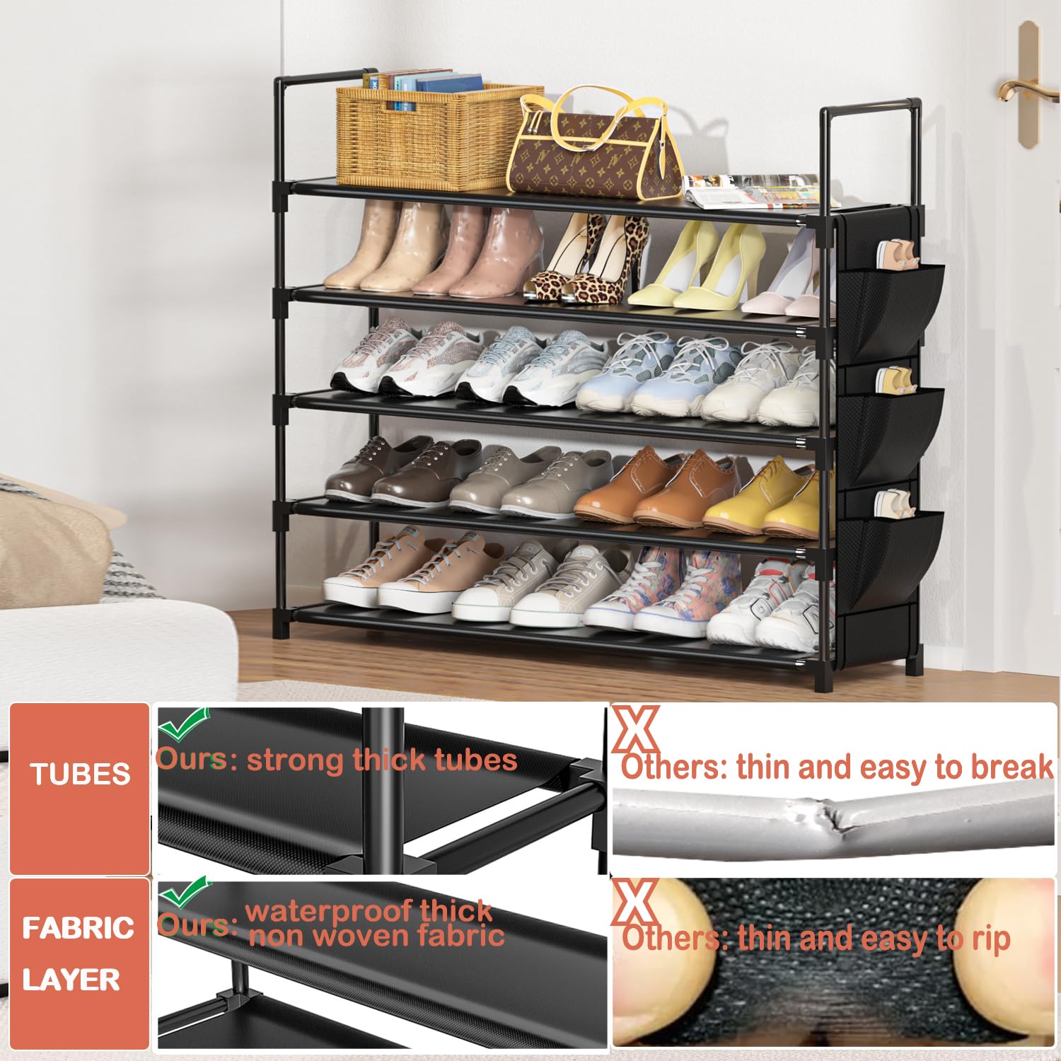 5-Tier Shoe Rack Organizer - Holds 20-25 Pairs, Space Saving Shoe Storage for Closet, Entryway, Garage & Door - Tall Shoe Shelf Stand for Sneakers, Boots & Heels - Perfect for Small Spaces & Home Organization