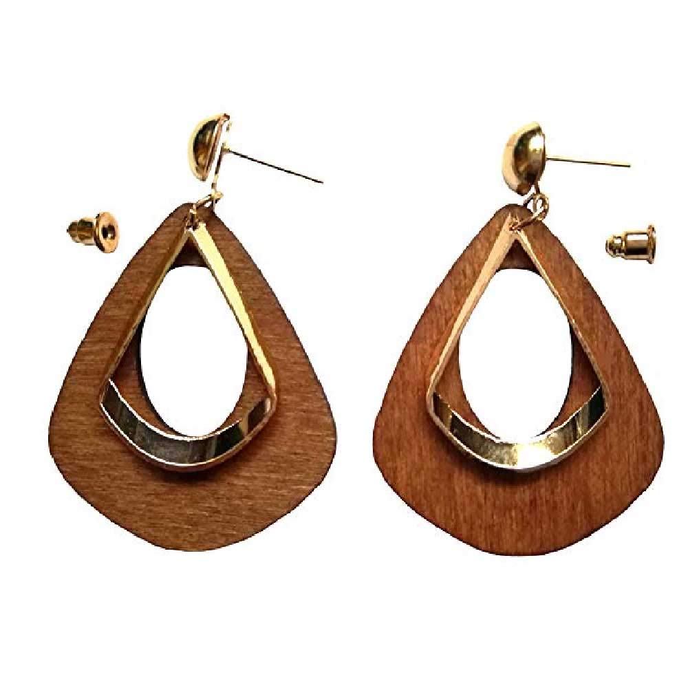 Natural Wooden Teardrop Earrings for Women - Lightweight Geometric Drop Dangle Earrings with Stainless Steel Studs | Boho Ethnic Style Wood Earrings for Everyday Wear, Parties & Special Occasions