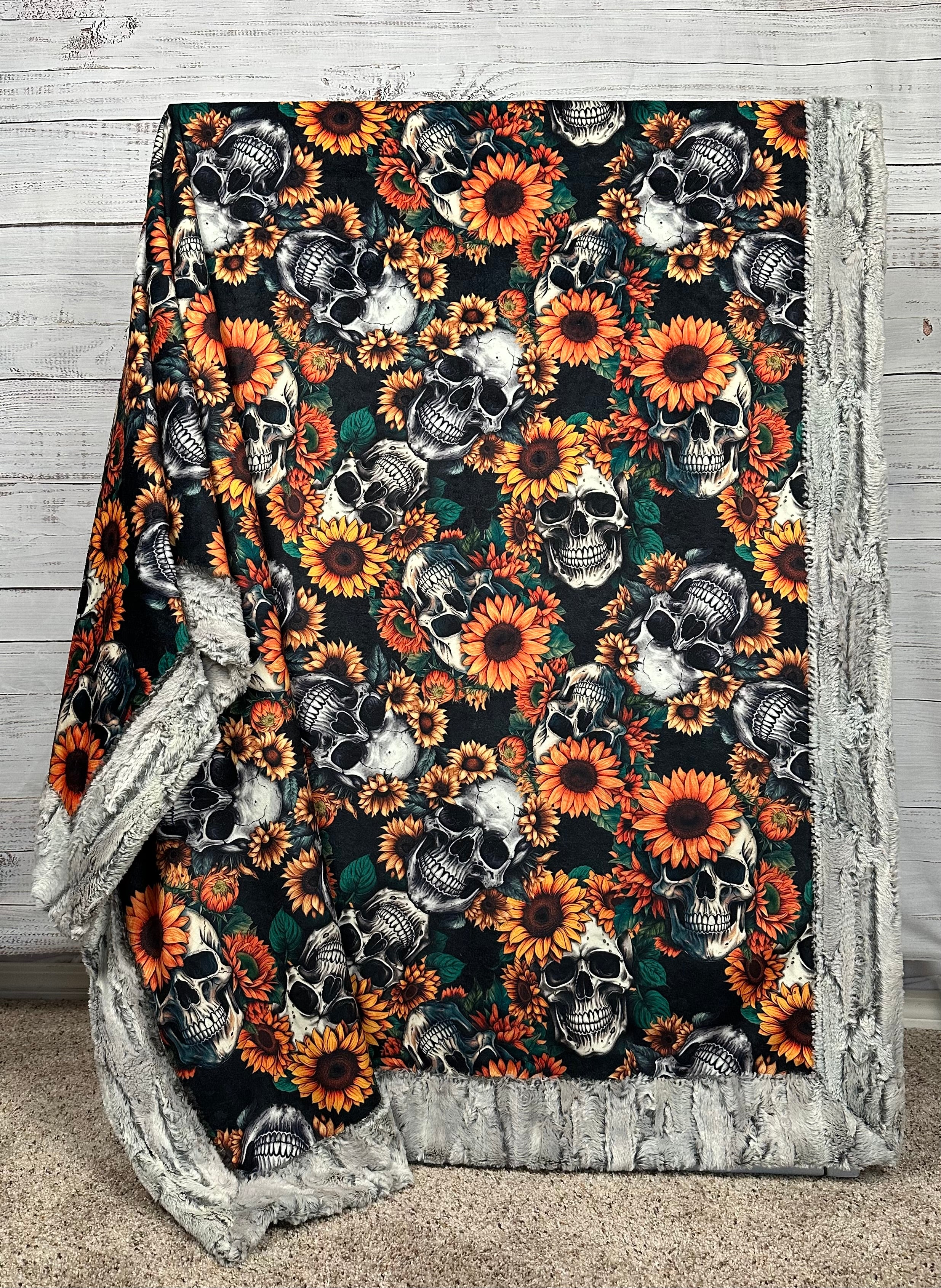 Premium Silver Fox Minky Blanket with Skull Sunflower Design - 54x79 Inches - Soft & Cozy Large Throw Blanket for Bed, Couch, or Gift