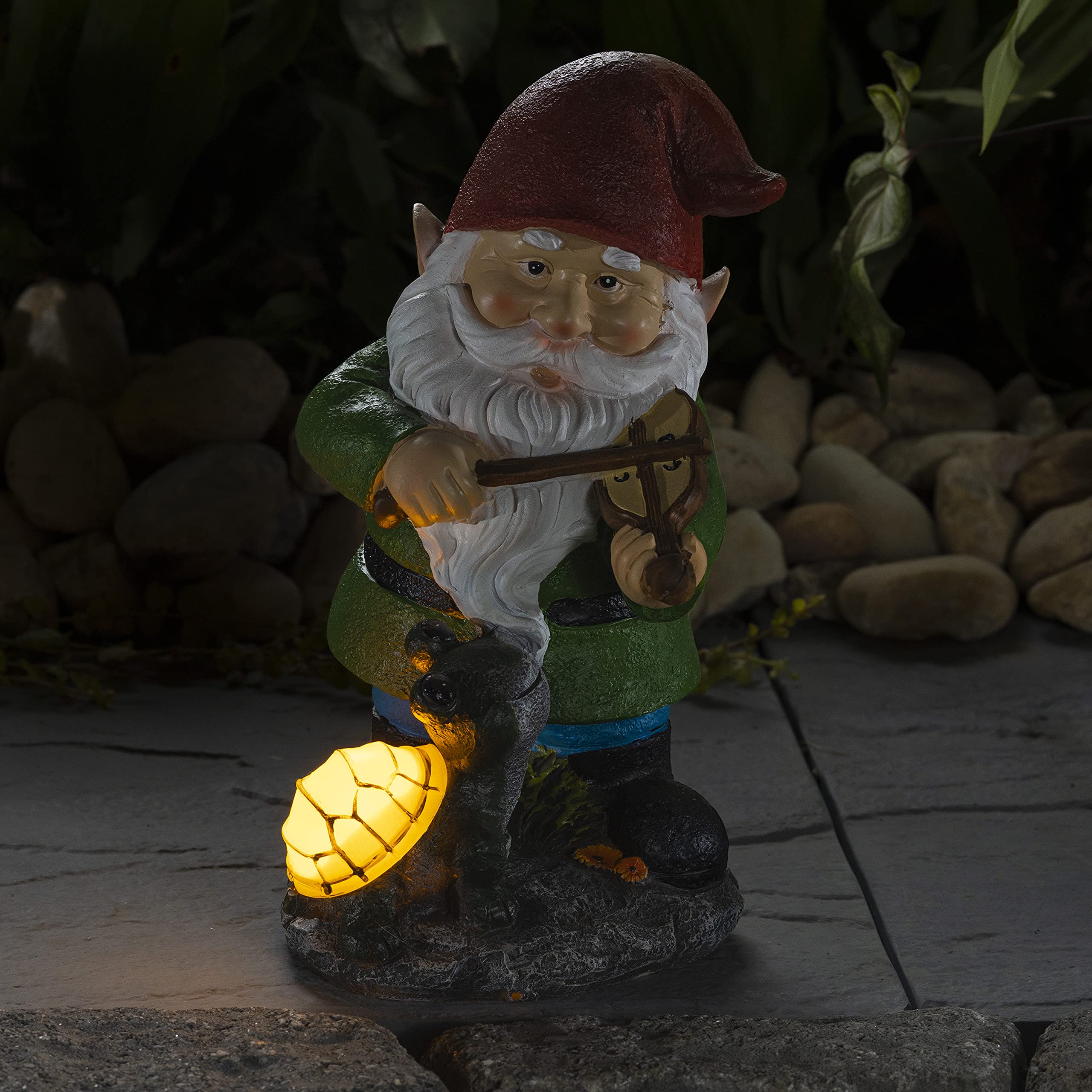 VP Home Solar Powered LED Fiddler Gnome with Glowing Turtle - Outdoor Garden Decor Light for Yard, Pathway & Patio - Weatherproof Gnome Statue Gift for Christmas, Birthday & Home Decoration