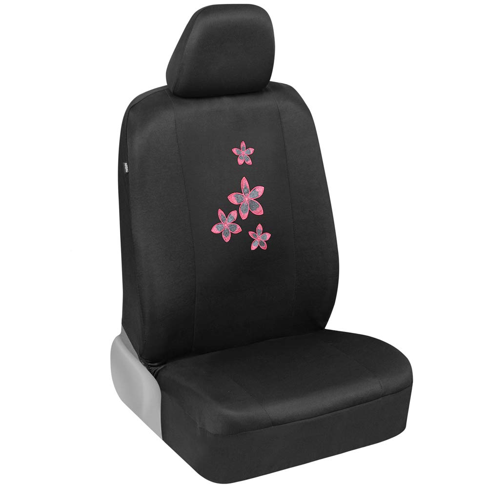BDK Pink Floral Car Seat Covers Full Set with Steering Wheel Cover & Seat Belt Pads - Universal Fit for Cars, Trucks, Vans & SUVs | Premium Embroidered Accessories | Perfect for Daily Commute, Road Trips & Car Interior Protection