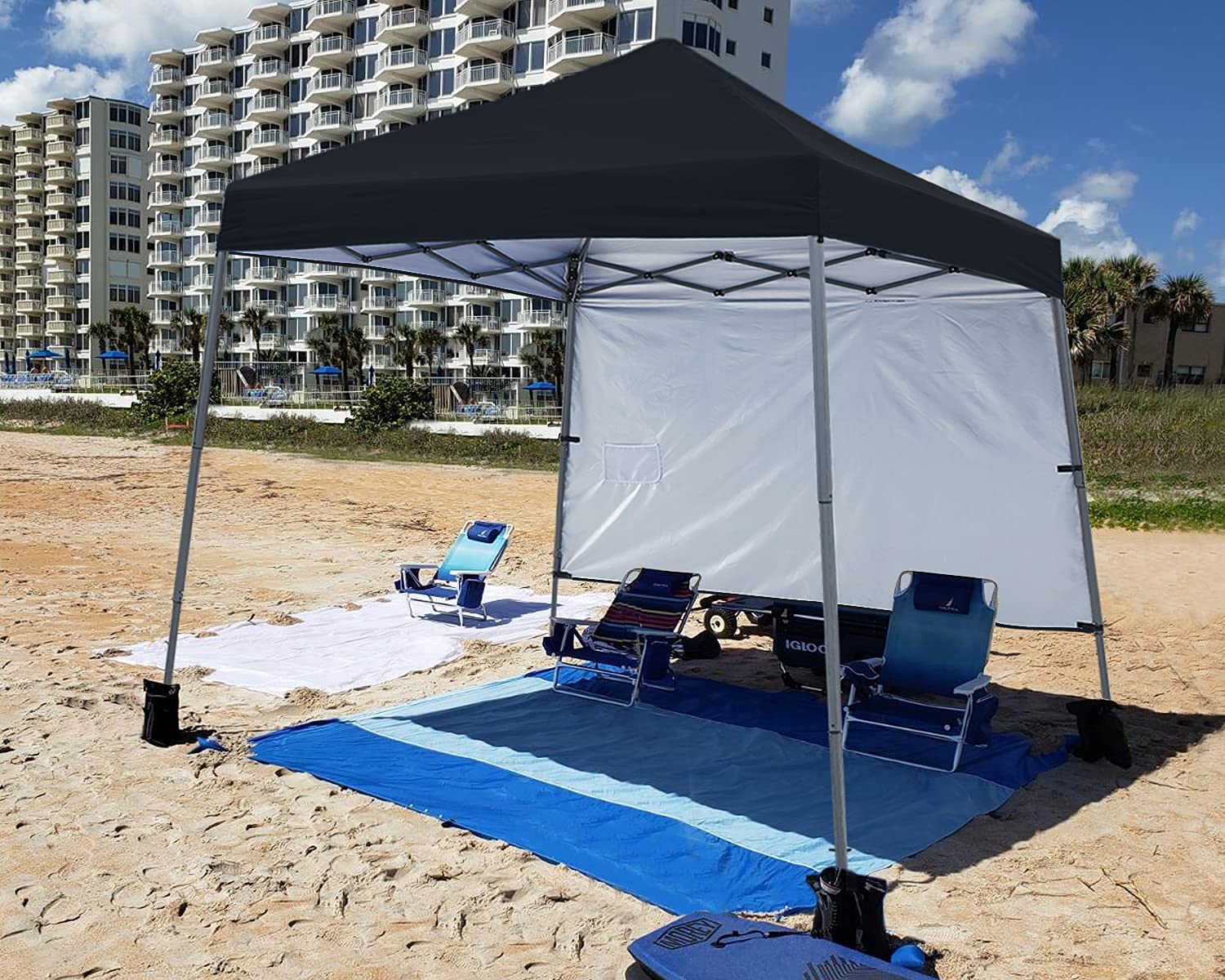 ABCCANOPY 10x10 Outdoor Pop Up Canopy Tent with Sun Wall - Portable Instant Shelter for Beach, Camping, Picnics & Backyard Parties - Includes Bonus Backpack, Stakes & Ropes (Black)