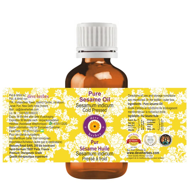 **Deve Herbes Pure Cold Pressed Sesame Oil (Sesamum indicum) 100ml - Organic, Unrefined, for Cooking, Skincare & Hair Care**    *Optimized for SEO with keywords: pure sesame oil, cold pressed, organic, unrefined, cooking oil, skincare, hair care.*   *Usage: Perfect for stir-frying, salad dressings, natural moisturizer, and hair treatments.*