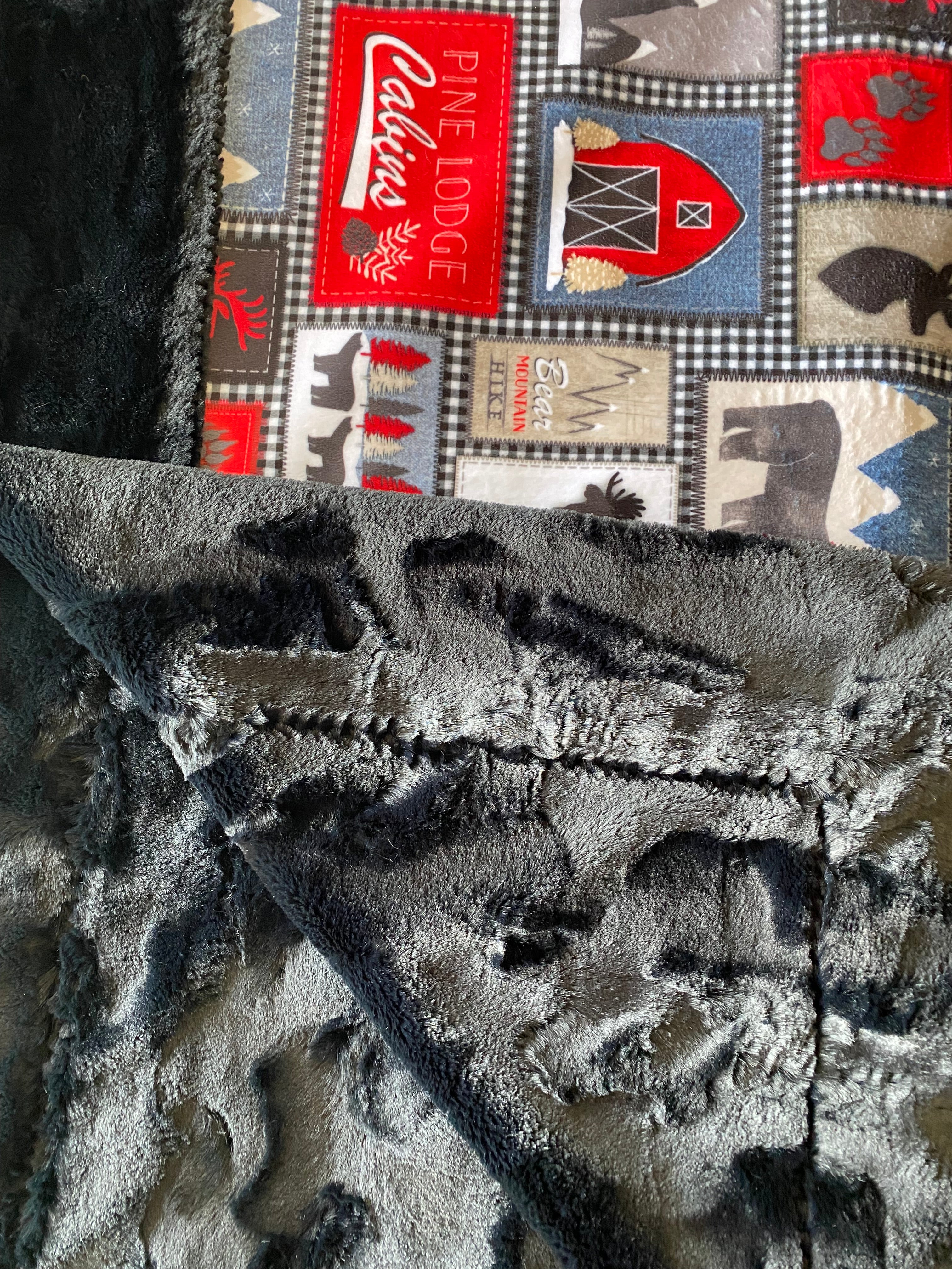 Lodge Patches Jeans Black Mirage Minky Blanket - Extra Wide Large 68x77 Inches - Cozy Fleece Throw for Couch, Bed & Home Decor