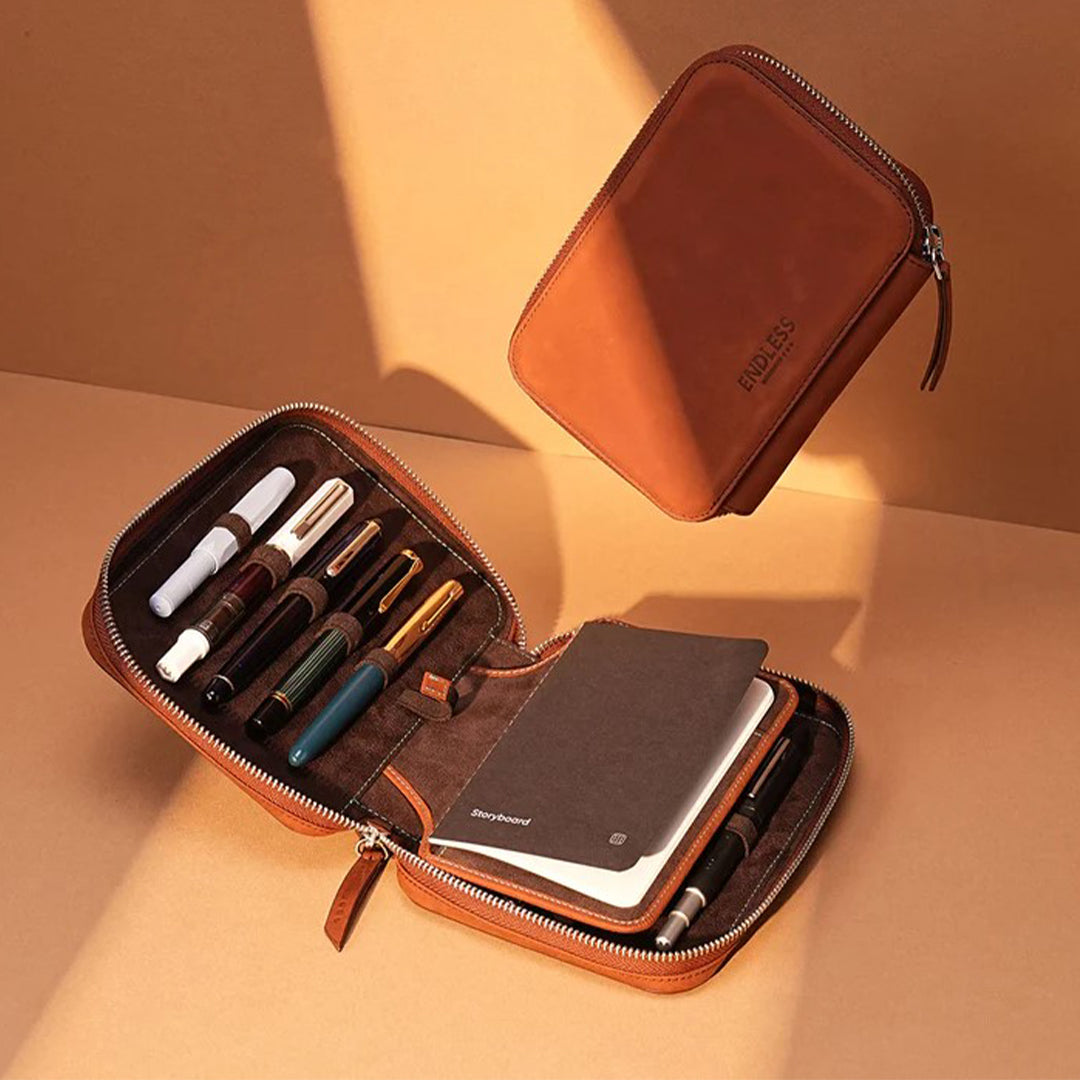 Premium 10-Slot Leather Pen Pouch Organizer - Brown - Perfect for Office, School & Travel Accessories Storage