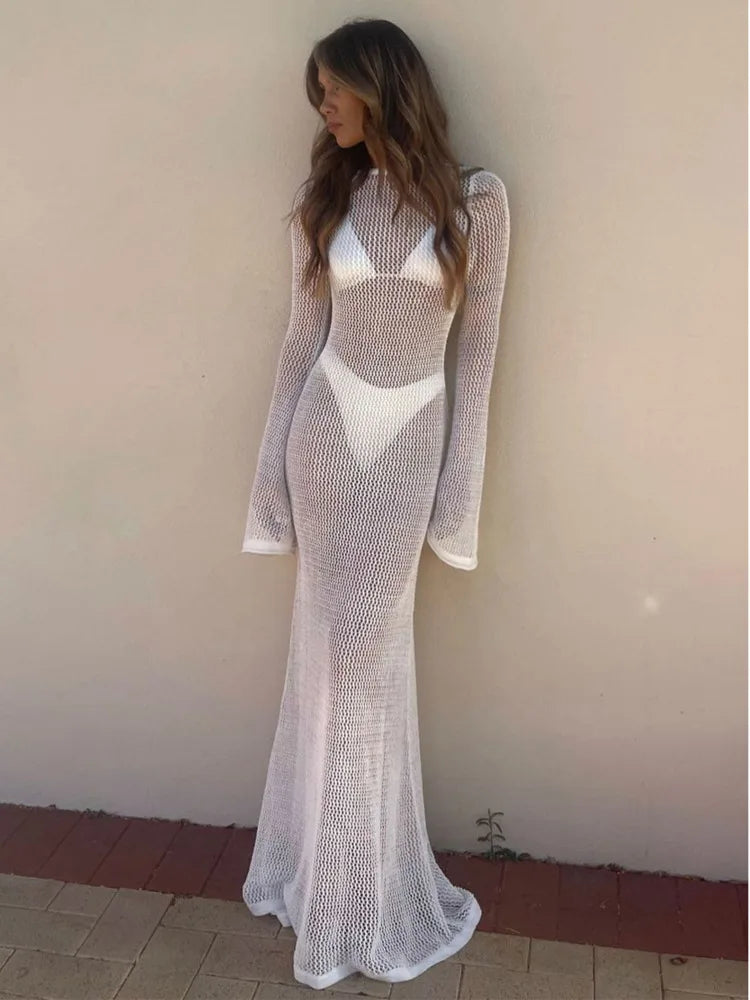 Sexy Backless Long Sleeve Hollow Out Beach Dress for Women - Slim Fit Transparent Summer Party Club Dress 2023 | Perfect for Beach Vacations, Night Out & Special Occasions