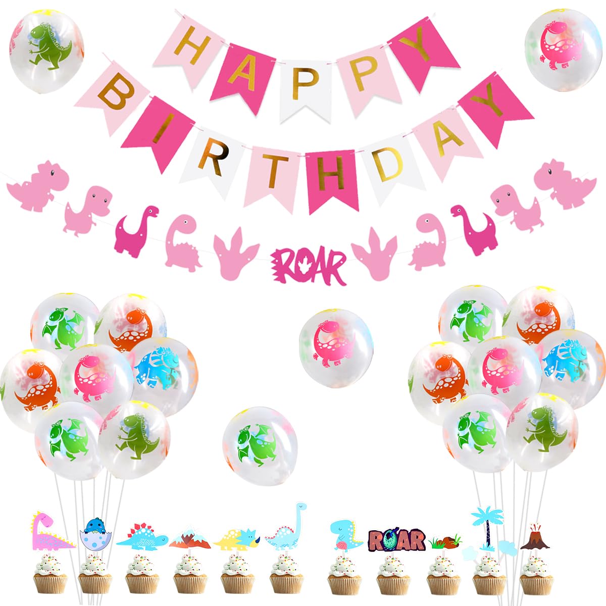 Pink Dinosaur Party Decorations - Dino Balloon Garland, Happy Birthday Banner for 1st Birthday & Baby Shower | Perfect for Nursery Decor, Gender Reveal Parties, and Kids' Dinosaur Themed Celebrations