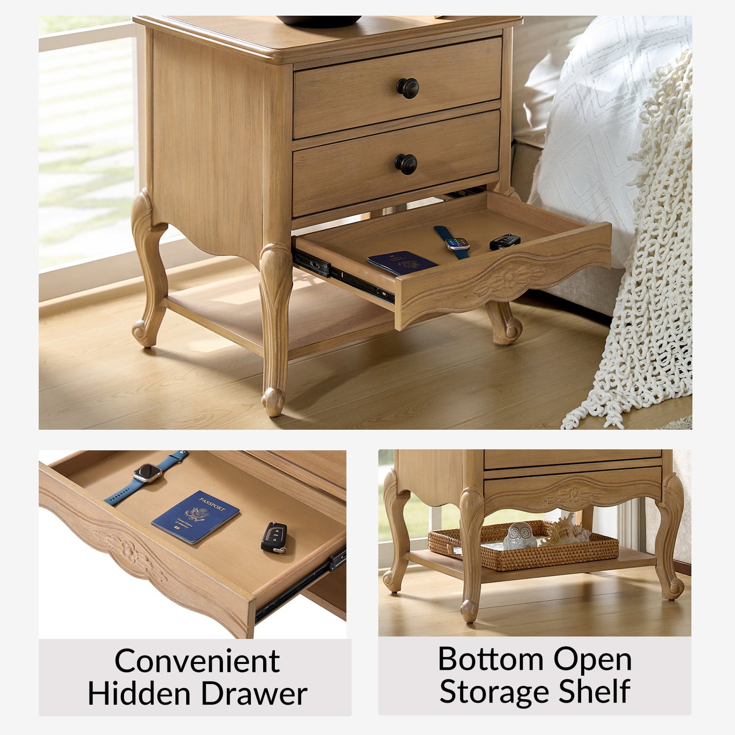 Nina Modern Nightstand with Hidden Drawer - Fully Assembled Bedside Table for Bedroom, Living Room & Office - Traditional Exquisite Design (Optional Types Available)