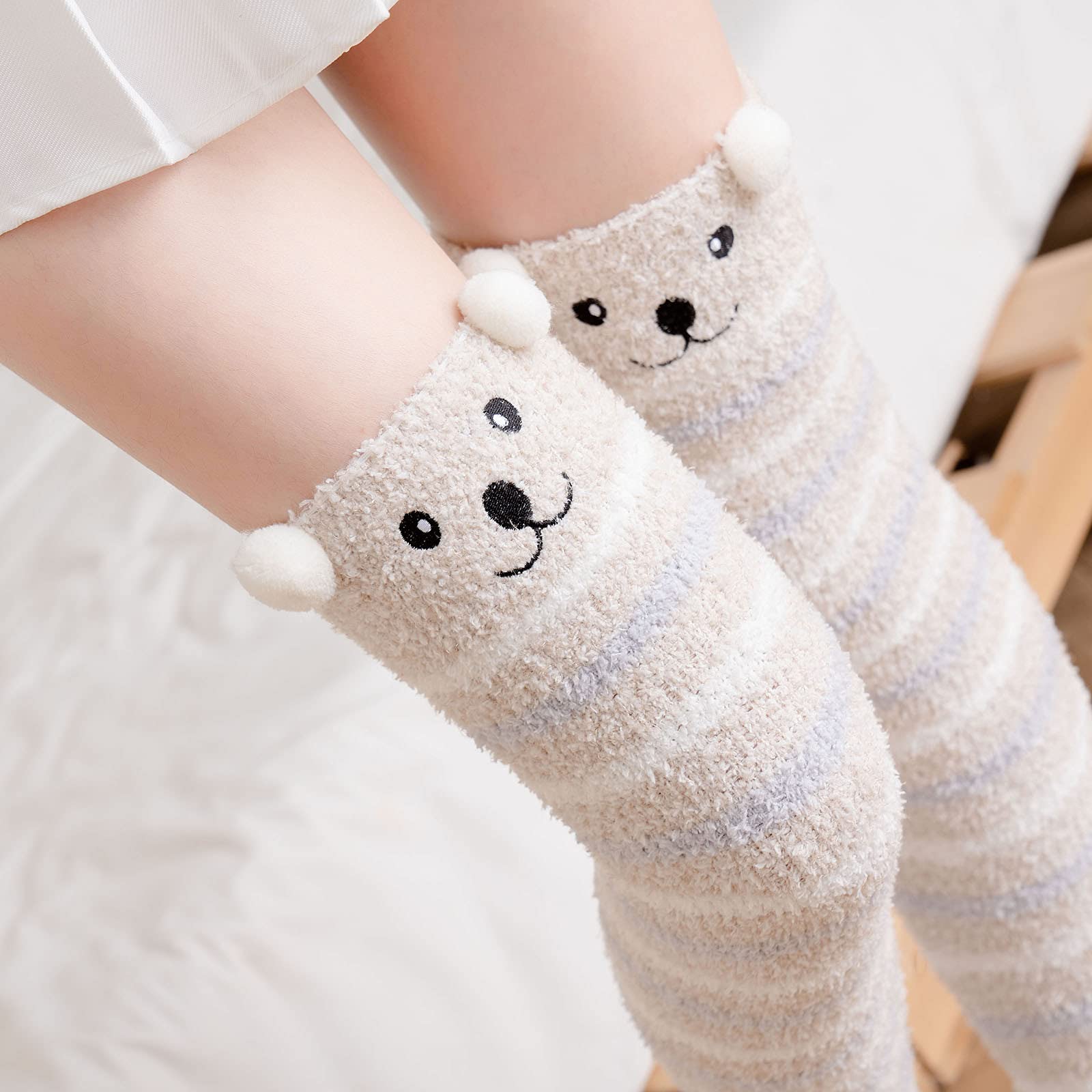 Cute Over Knee High Socks for Women - Black Fuzzy Winter Warm Thigh-High Leggings Socks with Cartoon Design - Perfect for Home, Lounge & Cold Weather Comfort