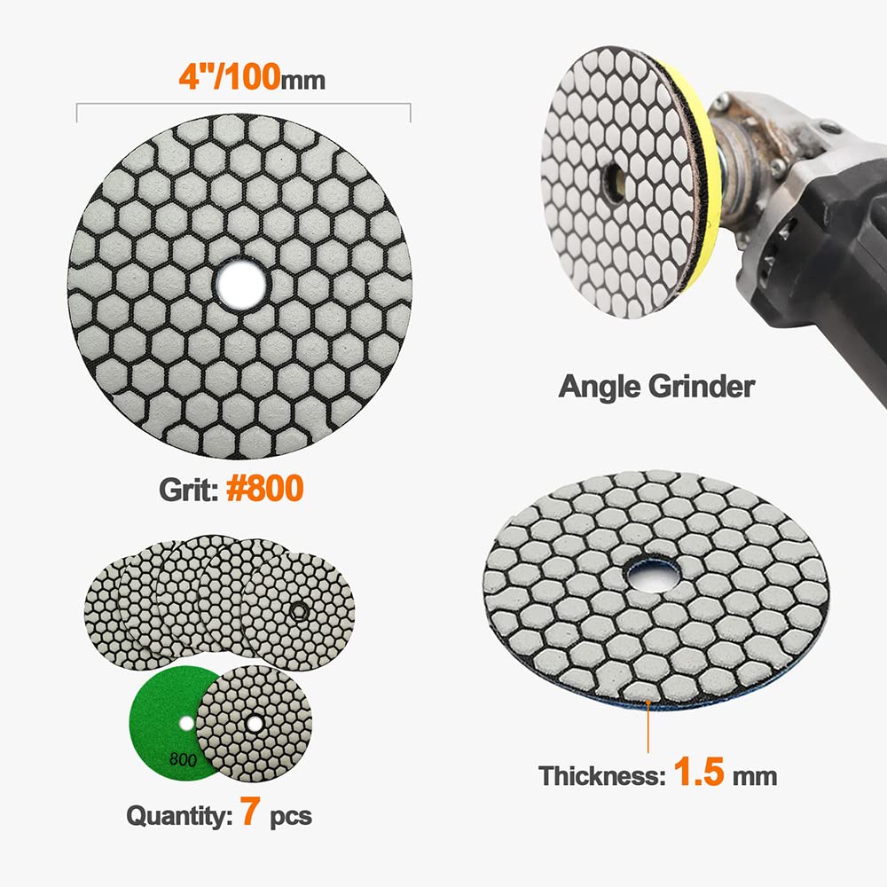 7pcs 4 Inch Diamond Polishing Pads Set #800 Grit for Stone, Marble, Quartz, Granite - Wet/Dry Sanding Discs for Countertop Polishing - Compatible with Grinders & Polishers - Perfect for DIY Home Renovation & Professional Stone Restoration