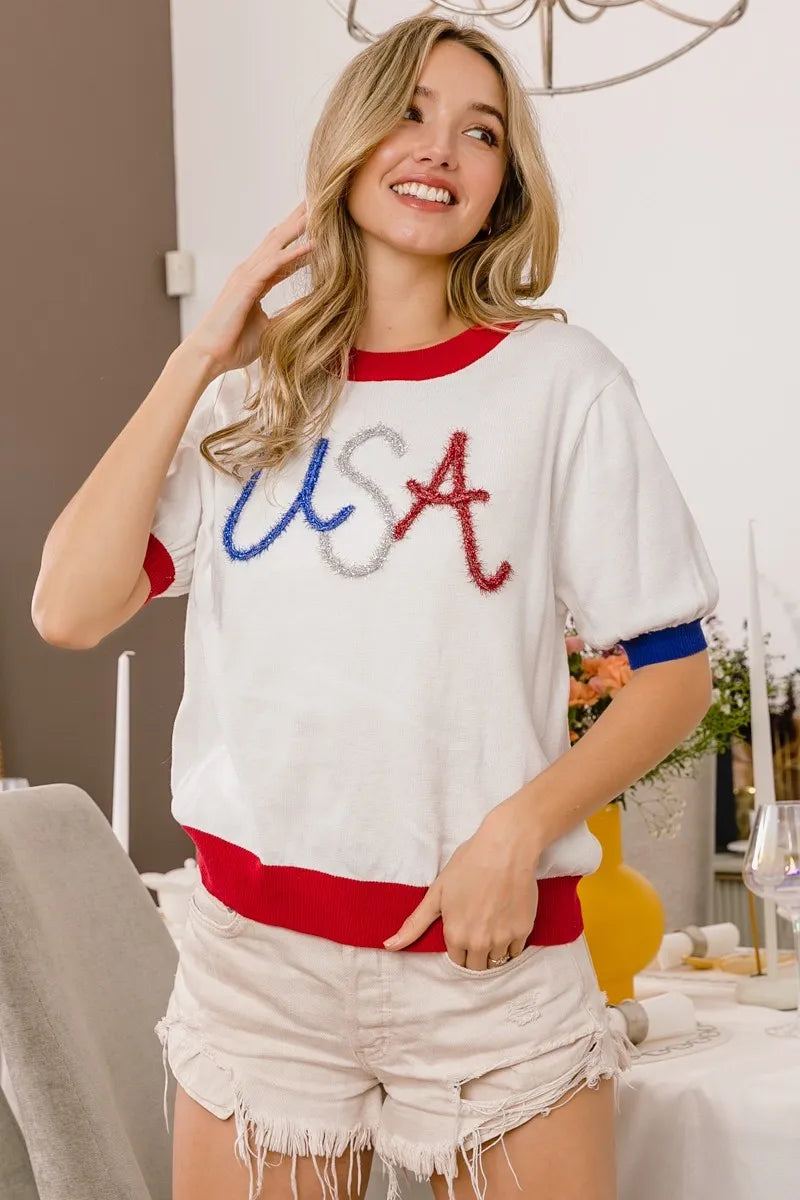 BiBi USA Women's Metallic Letter Color Block Knit Top - Trendy Casual Pullover for Streetwear & Everyday Fashion
