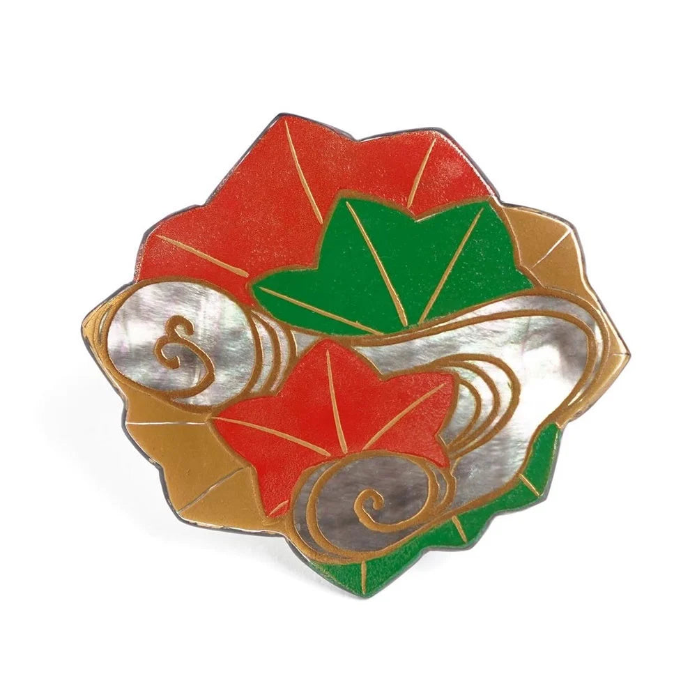 Exquisite Japanese Maki-e Urushi Lacquer Brooch with Black Lip Oyster Pearl Shell - Autumn Leaves & Waterfall Design - Traditional Handcrafted Jewelry for Women - Perfect for Formal Occasions, Weddings & Special Events