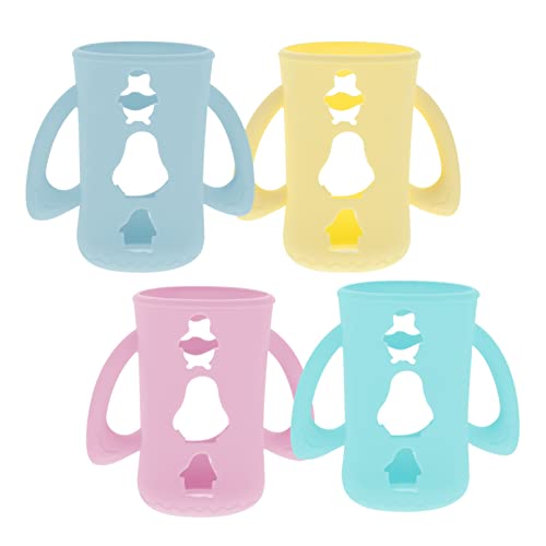 ARTIBETTER 4 Pack Reusable Silicone Milk Bottle Covers with Handle - Leak Proof Baby Bottle Lids for Breastmilk & Formula (Mixed Colors) - Perfect for Daycare, Travel & On-the-Go Feeding