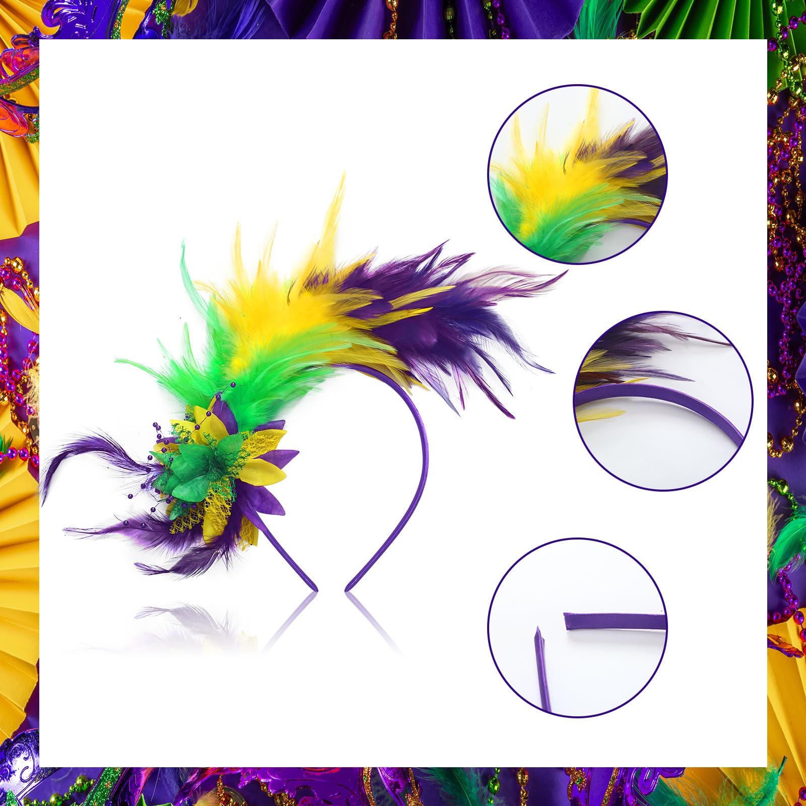 Vintage 1920s Mardi Gras Feather Headband - 6 Pack Flapper Headpiece with Parrot Feathers for Women (Yellow, Green, Purple) | Gatsby Party Costume Accessories & Jazz Age Themed Events