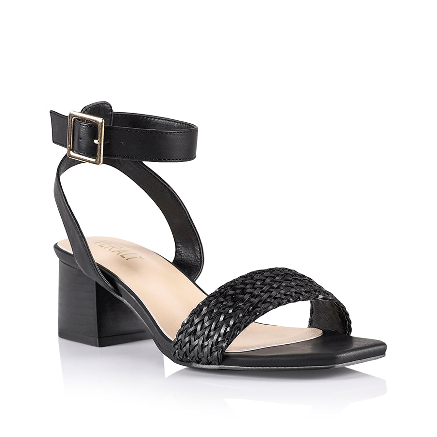 Elly Women's Black Weave Block Heel Sandals - Comfortable Summer Dress Shoes for Weddings, Parties & Office Wear