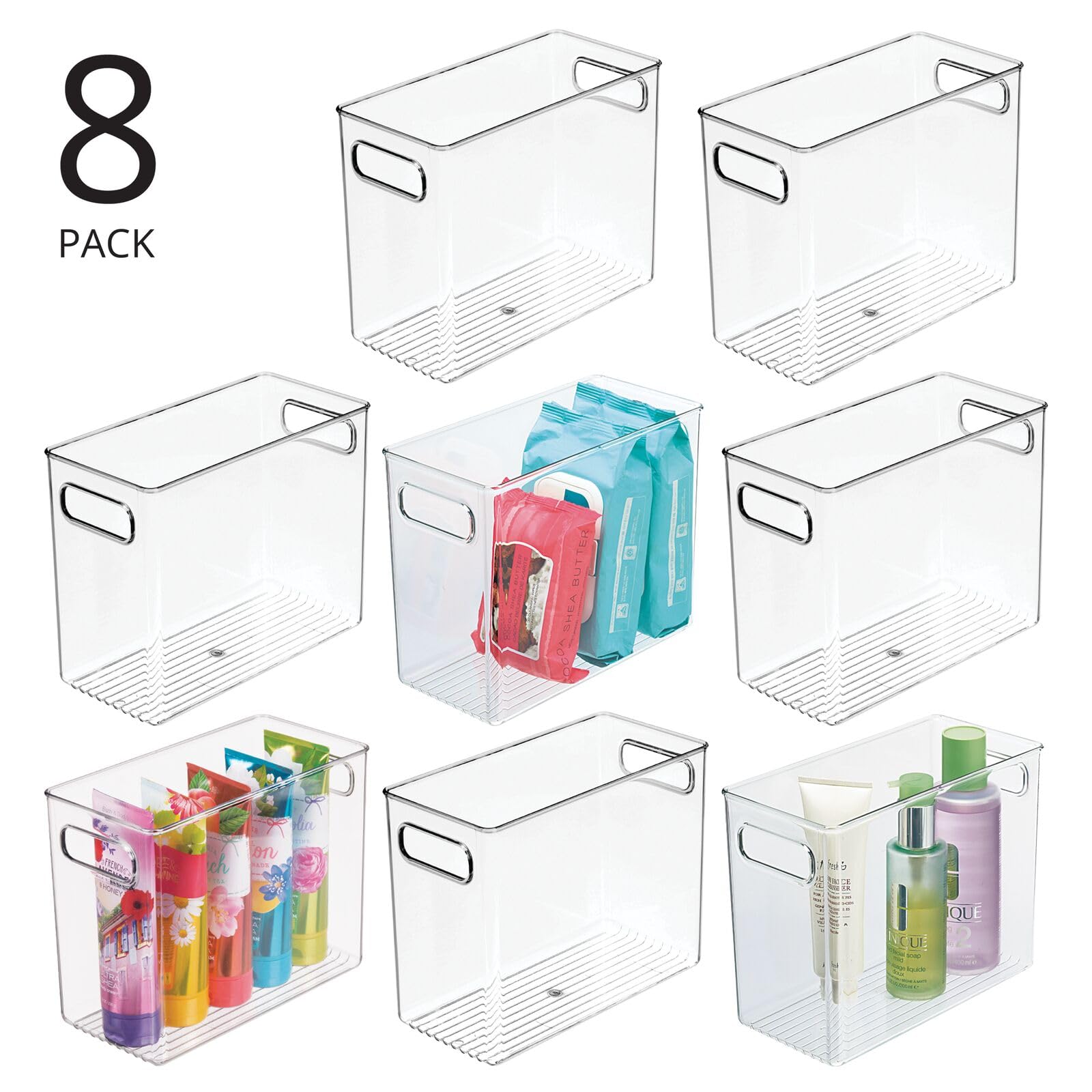 mDesign Clear Plastic Stackable Tall Storage Bins with Handles - 8 Pack for Bathroom, Closet & Under Sink Organization | Holds Soaps, Makeup & Styling Tools | Perfect for Home, Office & Kids Room Storage - Ligne Collection