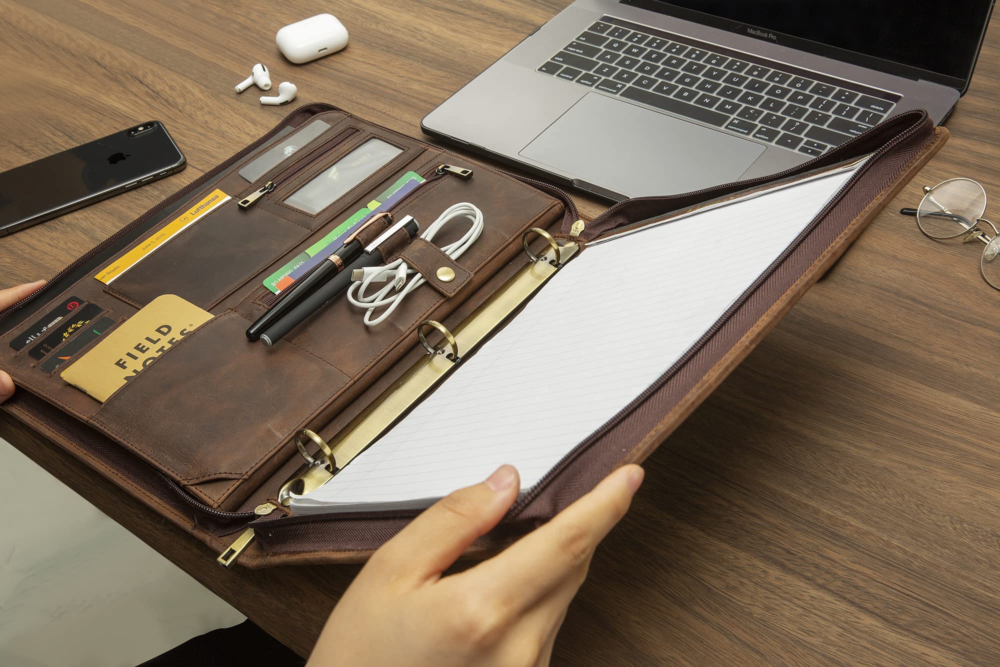 Custom Engraved Leather Portfolio for Men & Women - Personalized 3 Ring Binder Business Padfolio (Dark Khaki) - Perfect for Corporate Gifts, Client Presentations & Professional Meetings