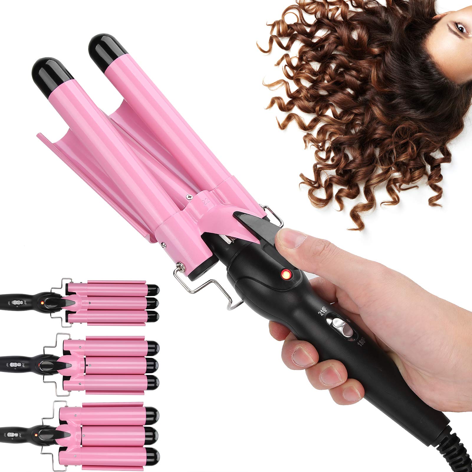 3 Barrel Curling Iron Wand - Adjustable Temperature Ceramic Hair Crimper & Waver with 3 Sizes (22mm Pink) for Beach Waves & Curly Styles - 110V-240V for Home & Salon Use