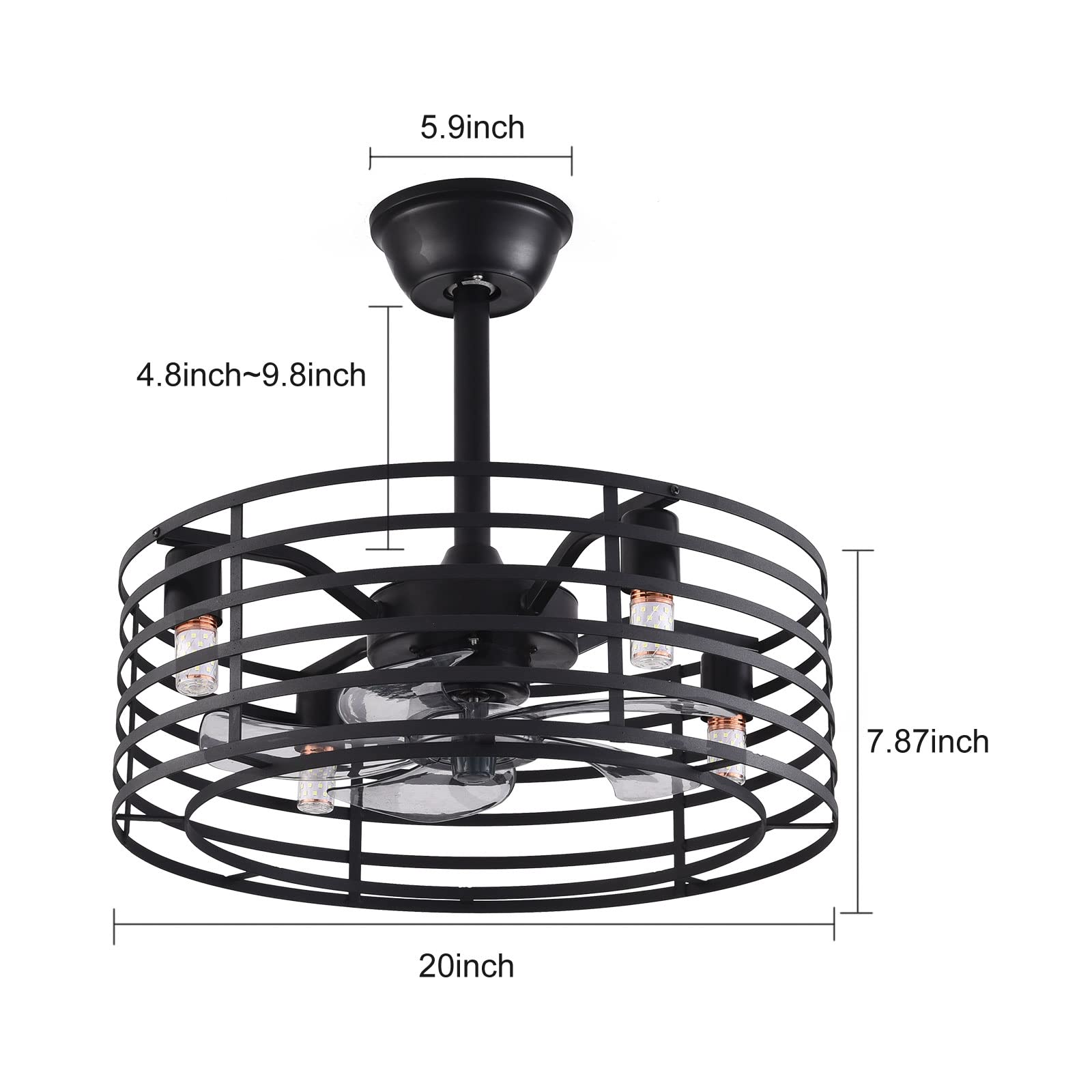 20 Inch Farmhouse Ceiling Fan with Remote Control - Industrial Metal Cage Light Fixture, Rustic Style Indoor/Outdoor Ceiling Fan with LED Lights - Perfect for Living Room, Bedroom, Patio & Porch