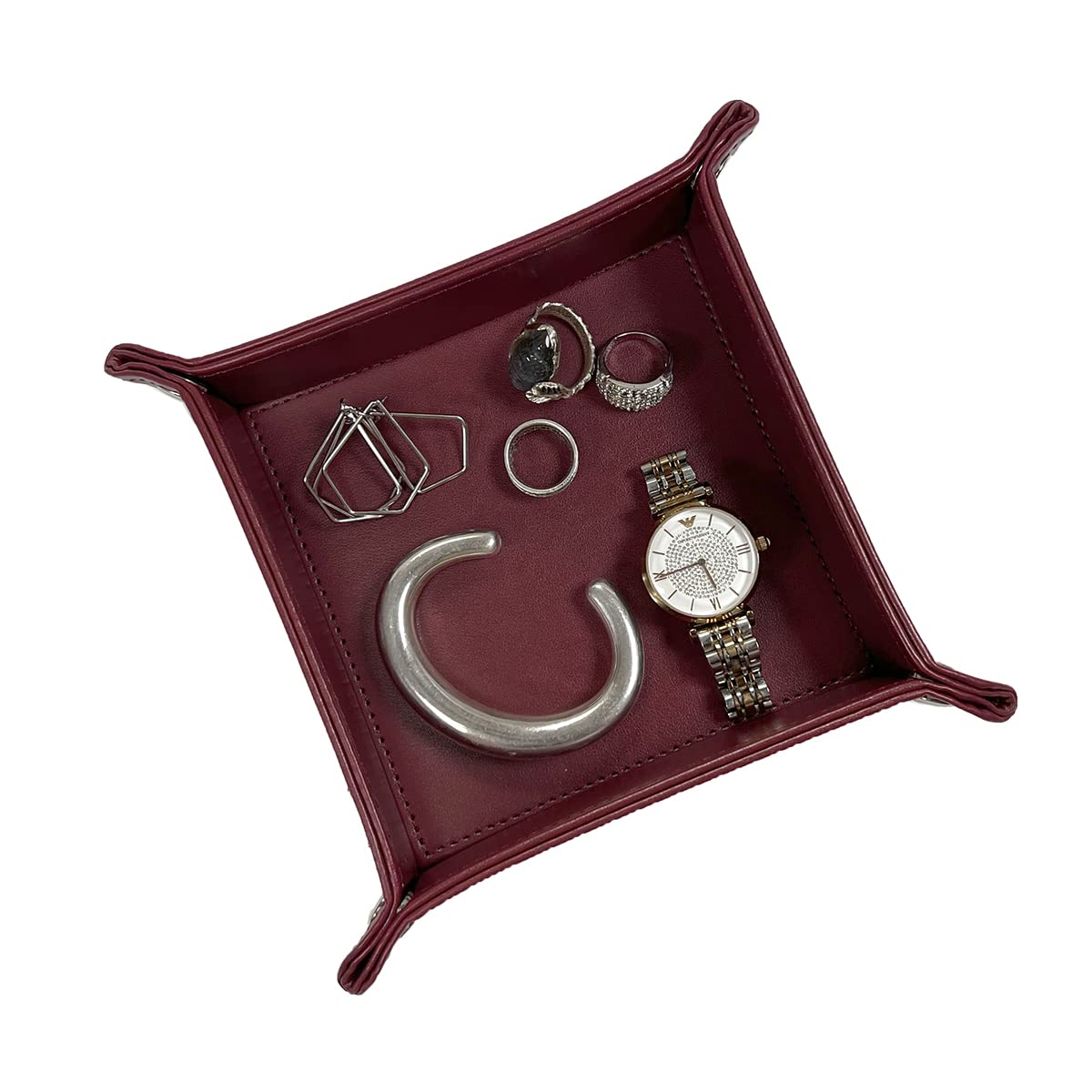 UnionBasic Jewelry Tray Organizer - Burgundy Ring, Watch & Earring Holder with Key Caddy | Entryway Catchall, Nightstand Valet & Electronics Organizer | Perfect for Bedroom, Bathroom & Vanity Organization